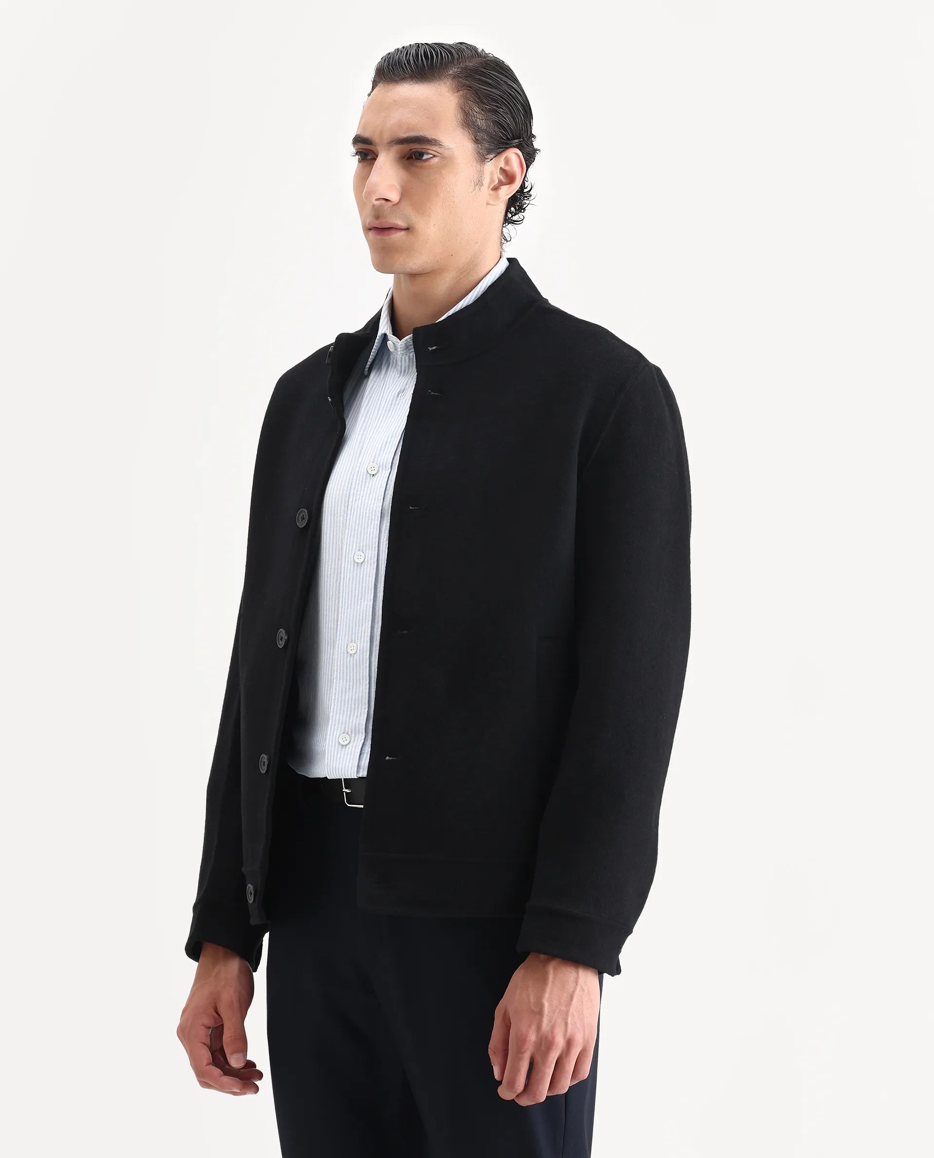Rare Rabbit Men's Kaneo Black Polyester Blend Fabric High Neck Regular Plain Jacket