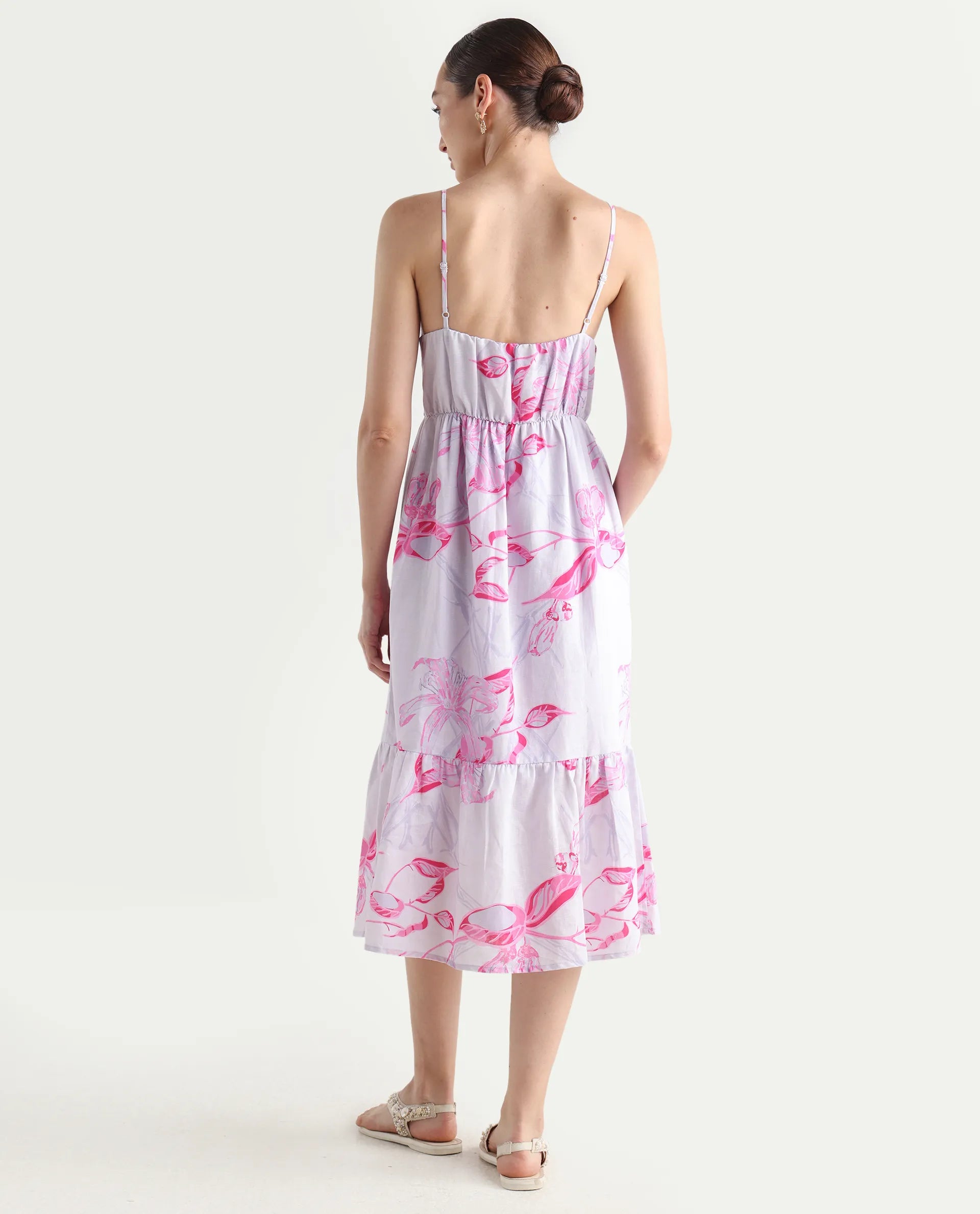 Rareism Women's Kanora Dusky Purple Cotton Blend Shoulder Strap Floral Print Sleeveless Midi Fit And Flare Dress