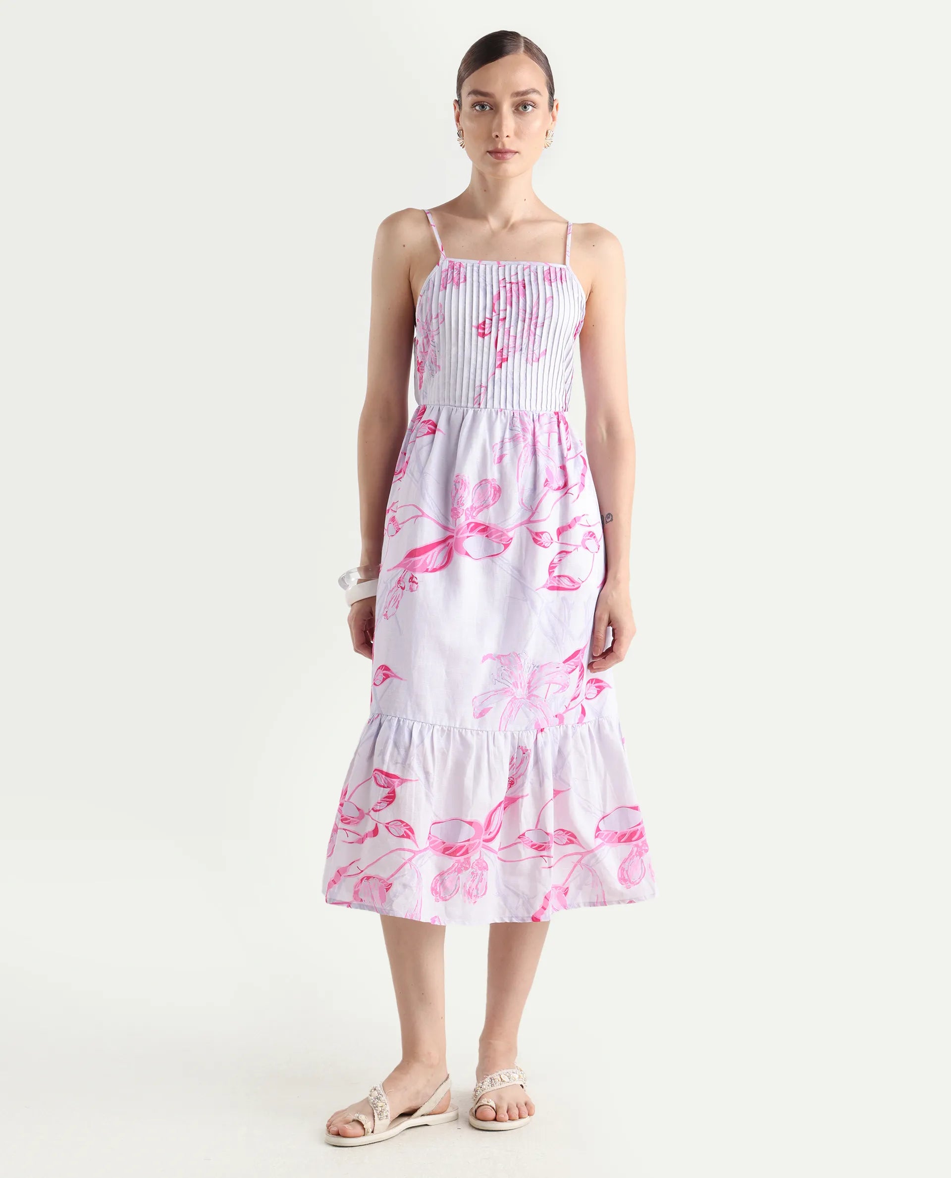 Rareism Women's Kanora Dusky Purple Cotton Blend Shoulder Strap Floral Print Sleeveless Midi Fit And Flare Dress