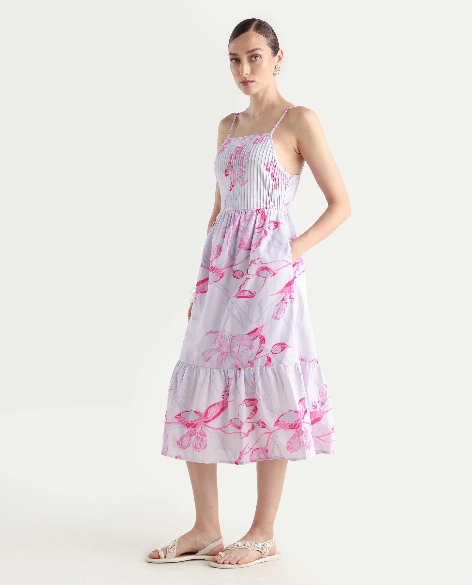 Rareism Women's Kanora Dusky Purple Cotton Blend Shoulder Strap Floral Print Sleeveless Midi Fit And Flare Dress