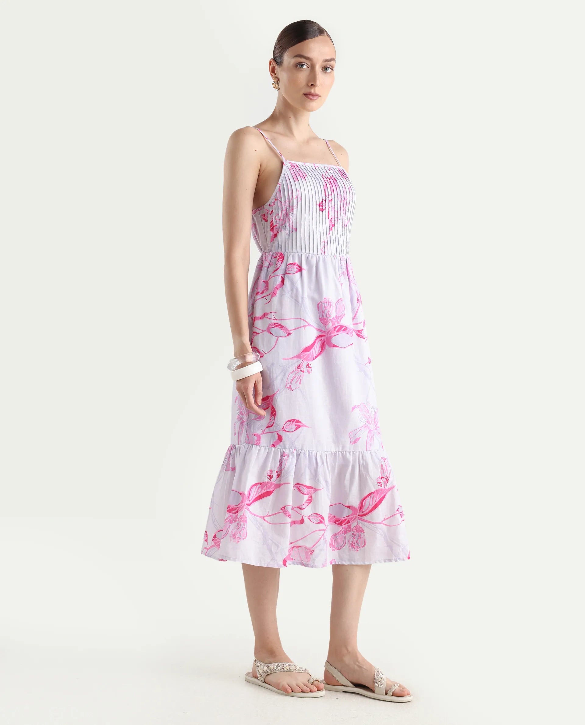 Rareism Women's Kanora Dusky Purple Cotton Blend Shoulder Strap Floral Print Sleeveless Midi Fit And Flare Dress