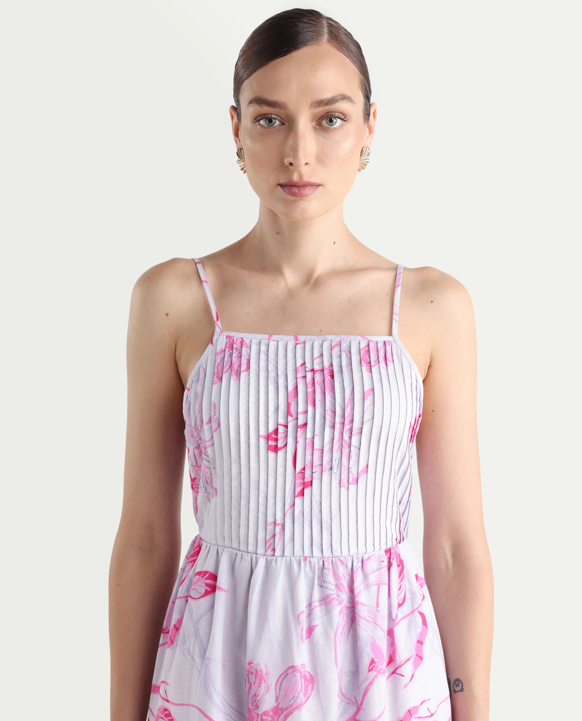 Rareism Women's Kanora Dusky Purple Cotton Blend Shoulder Strap Floral Print Sleeveless Midi Fit And Flare Dress