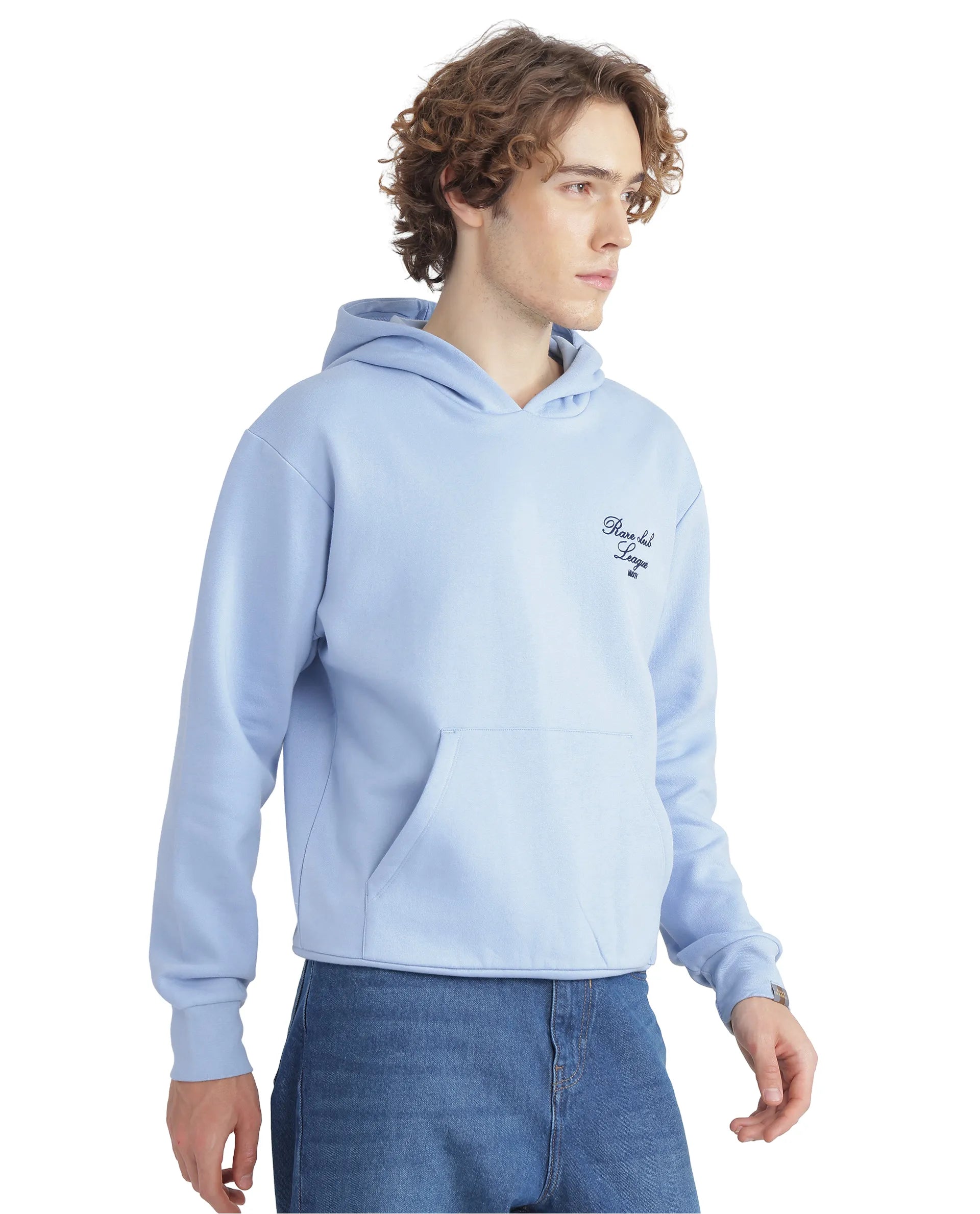 Rare Rabbit Men Kant Light Blue Full Sleeve Hooded Boxy Fit Printed Sweatshirt