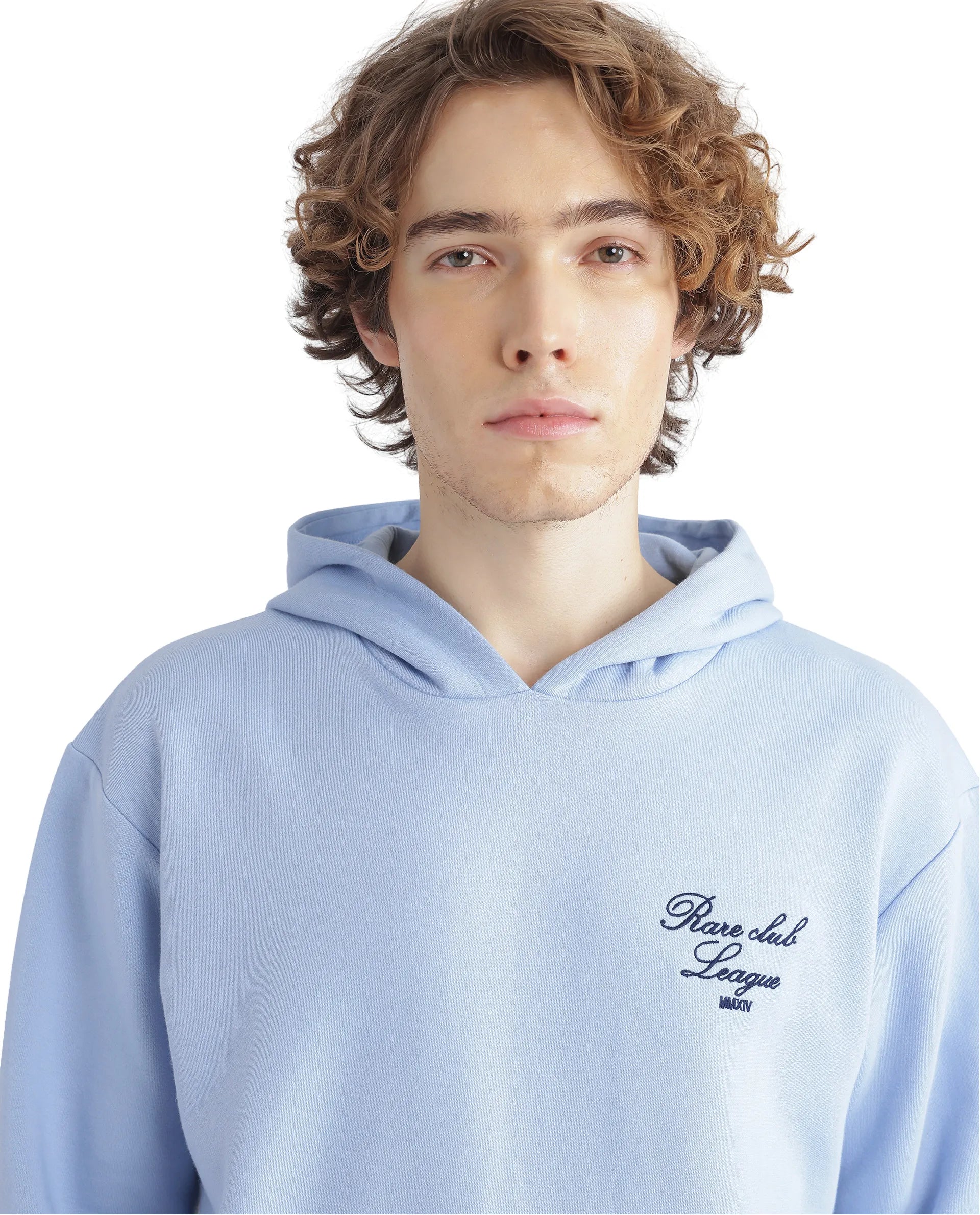 Rare Rabbit Men Kant Light Blue Full Sleeve Hooded Boxy Fit Printed Sweatshirt