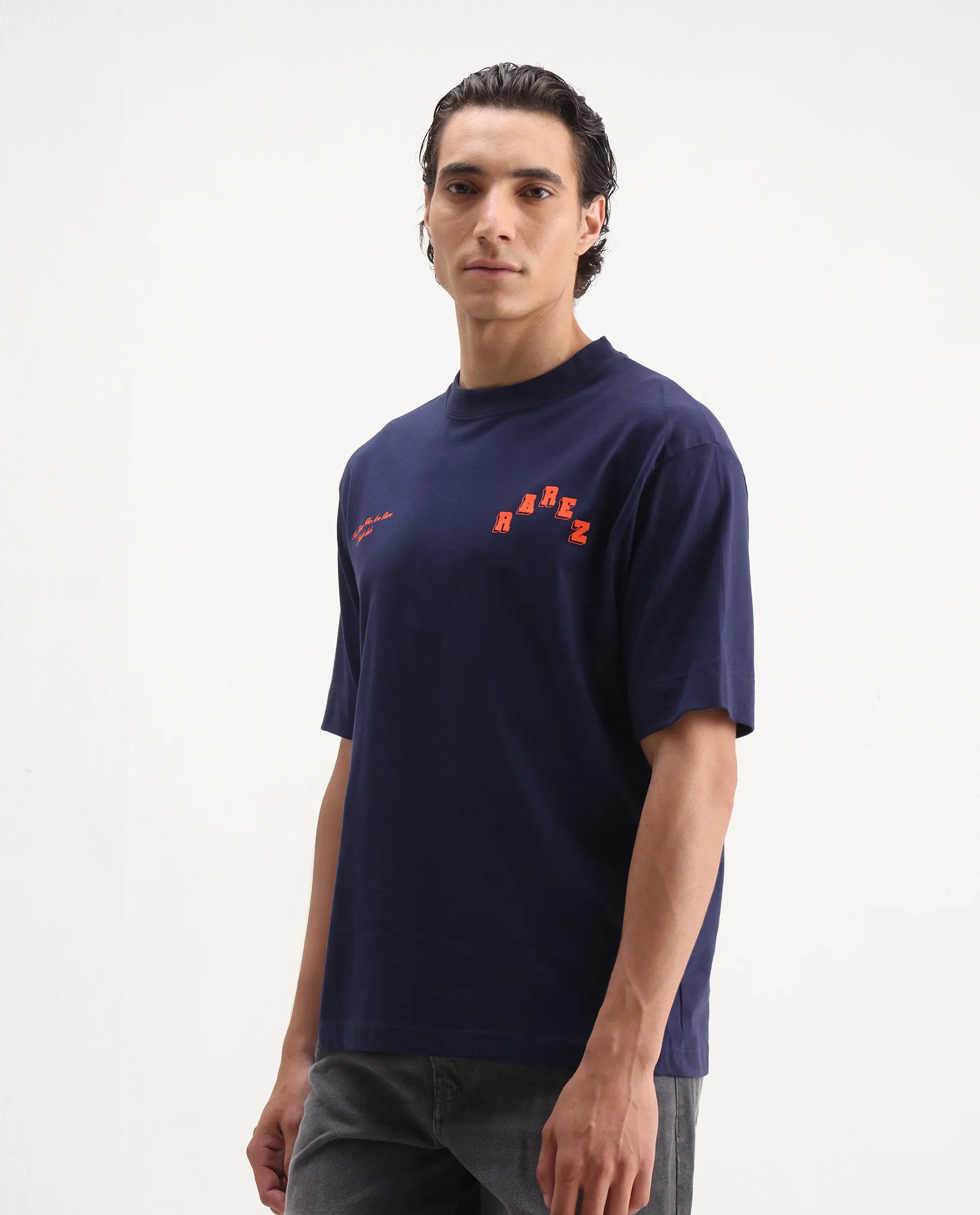 Rare Rabbit Men's Kany Blue Cotton Embroidered Oversized Fit Half Sleeve Crew Neck T-Shirt