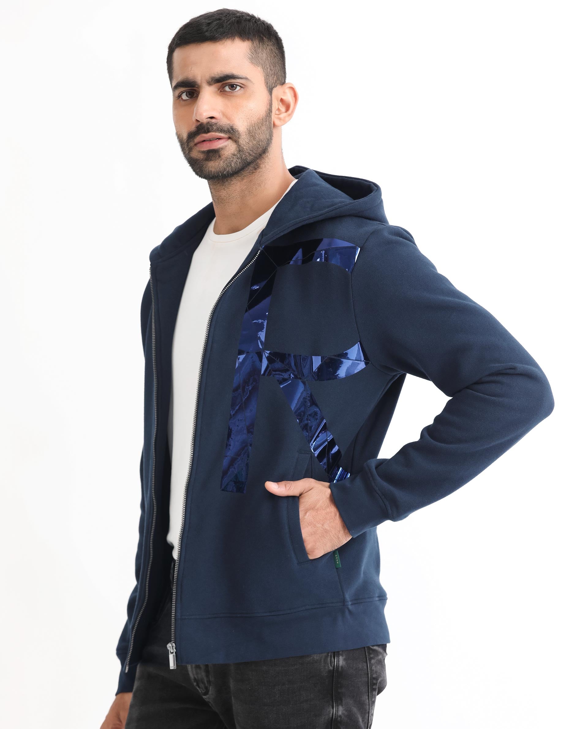 Rare Rabbit Men's Kaden Navy Cotton Polyester Fabric Full Sleeves Placement Foil Print Hooded Sweatshirt