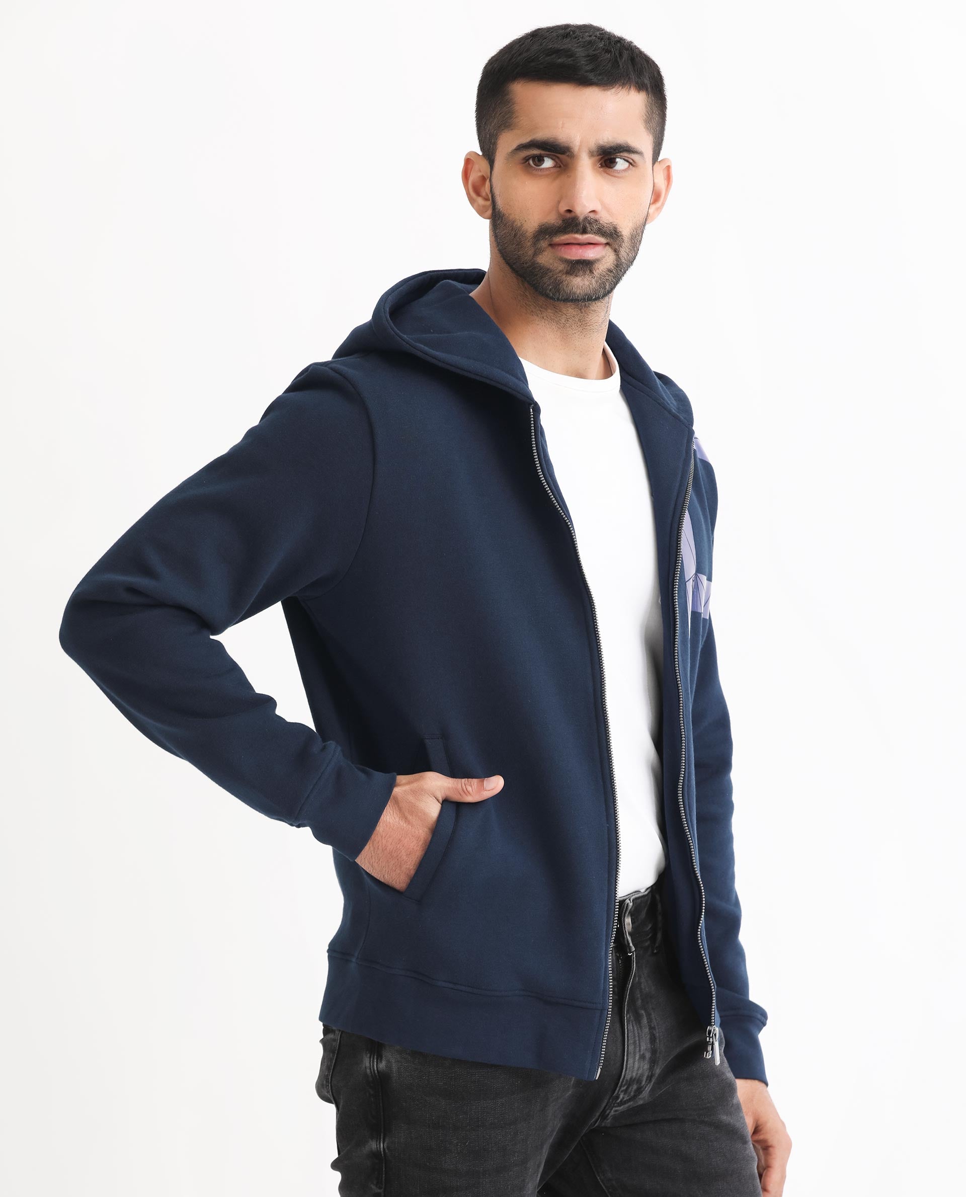 Rare Rabbit Men's Kaden Navy Cotton Polyester Fabric Full Sleeves Placement Foil Print Hooded Sweatshirt
