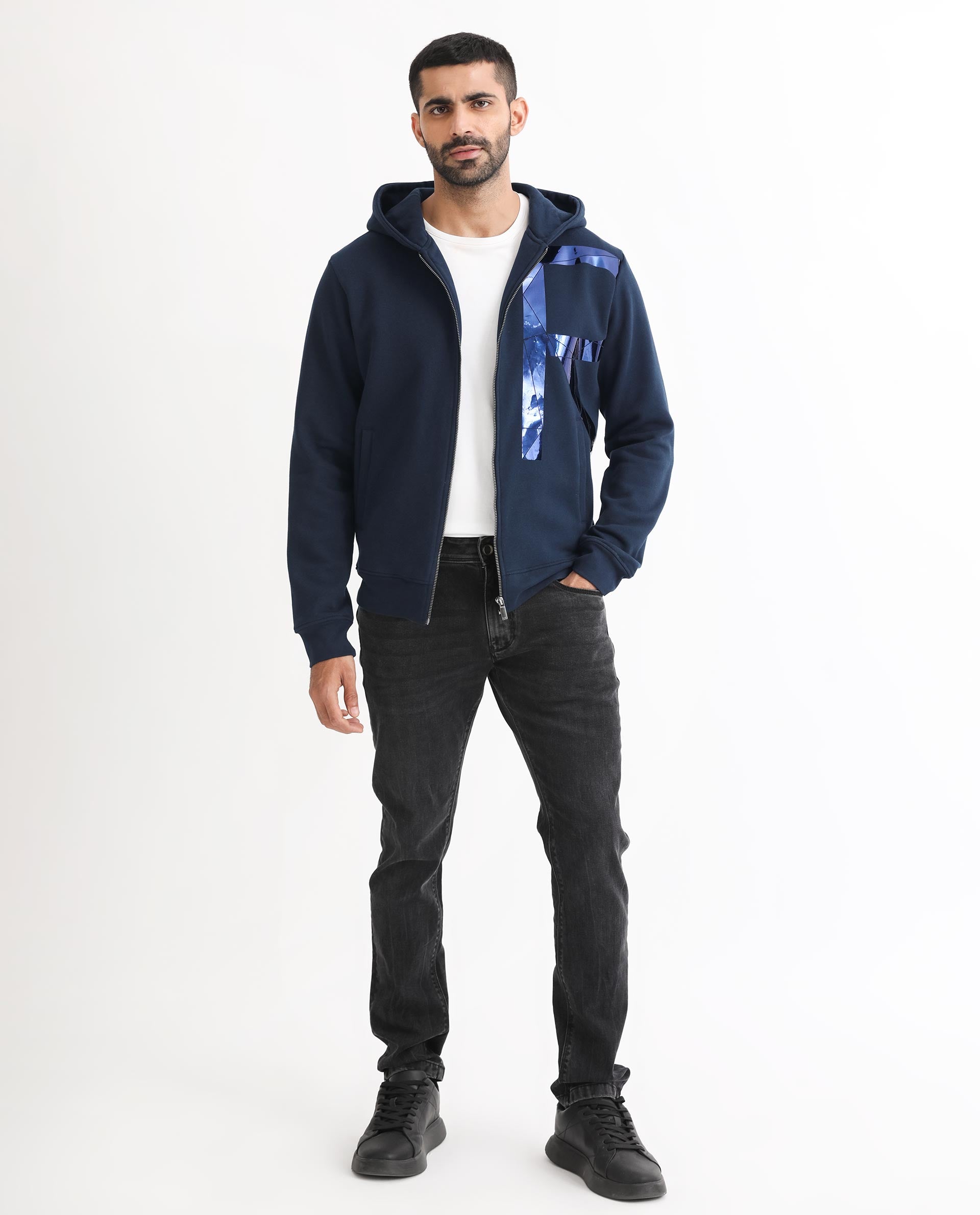 Rare Rabbit Men's Kaden Navy Cotton Polyester Fabric Full Sleeves Placement Foil Print Hooded Sweatshirt