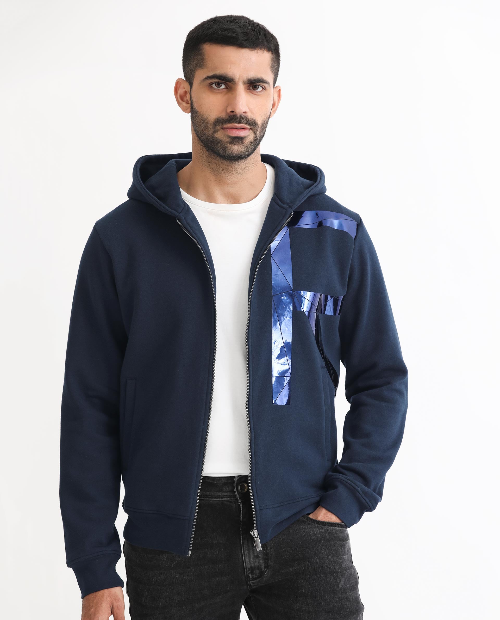Rare Rabbit Men's Kaden Navy Cotton Polyester Fabric Full Sleeves Placement Foil Print Hooded Sweatshirt