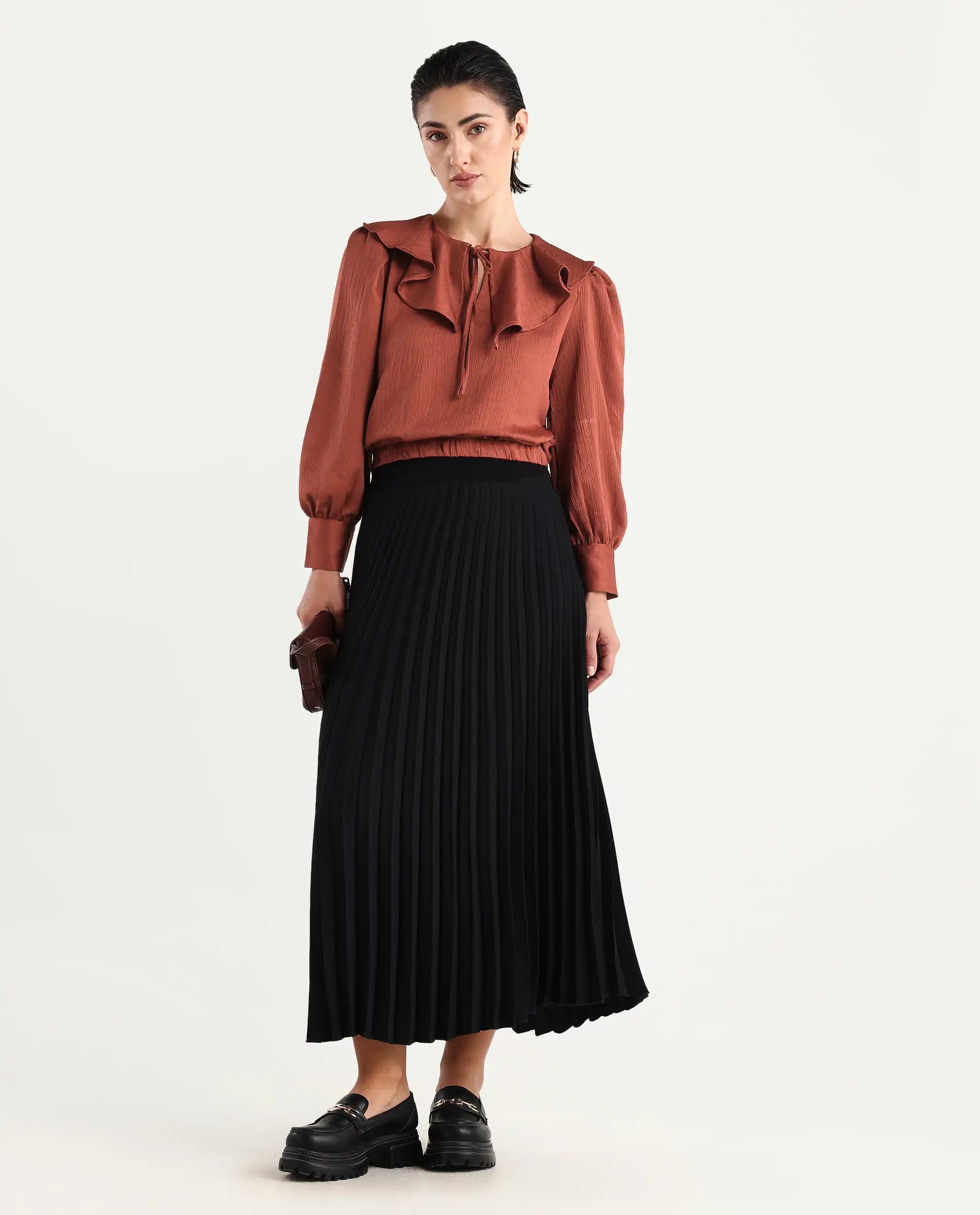 Rareism Women's Karabuk Orange Polyester Tie-Up Neck Plain Cuffed Sleeve Crop Regular Fit Top