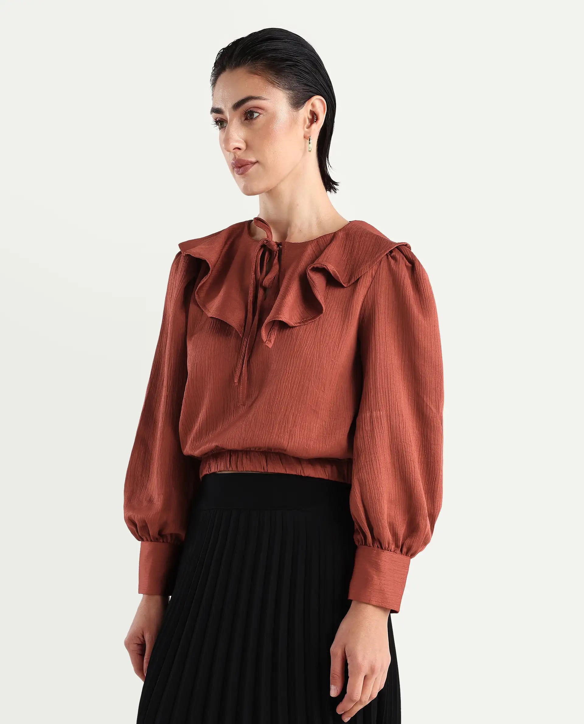 Rareism Women's Karabuk Orange Polyester Tie-Up Neck Plain Cuffed Sleeve Crop Regular Fit Top