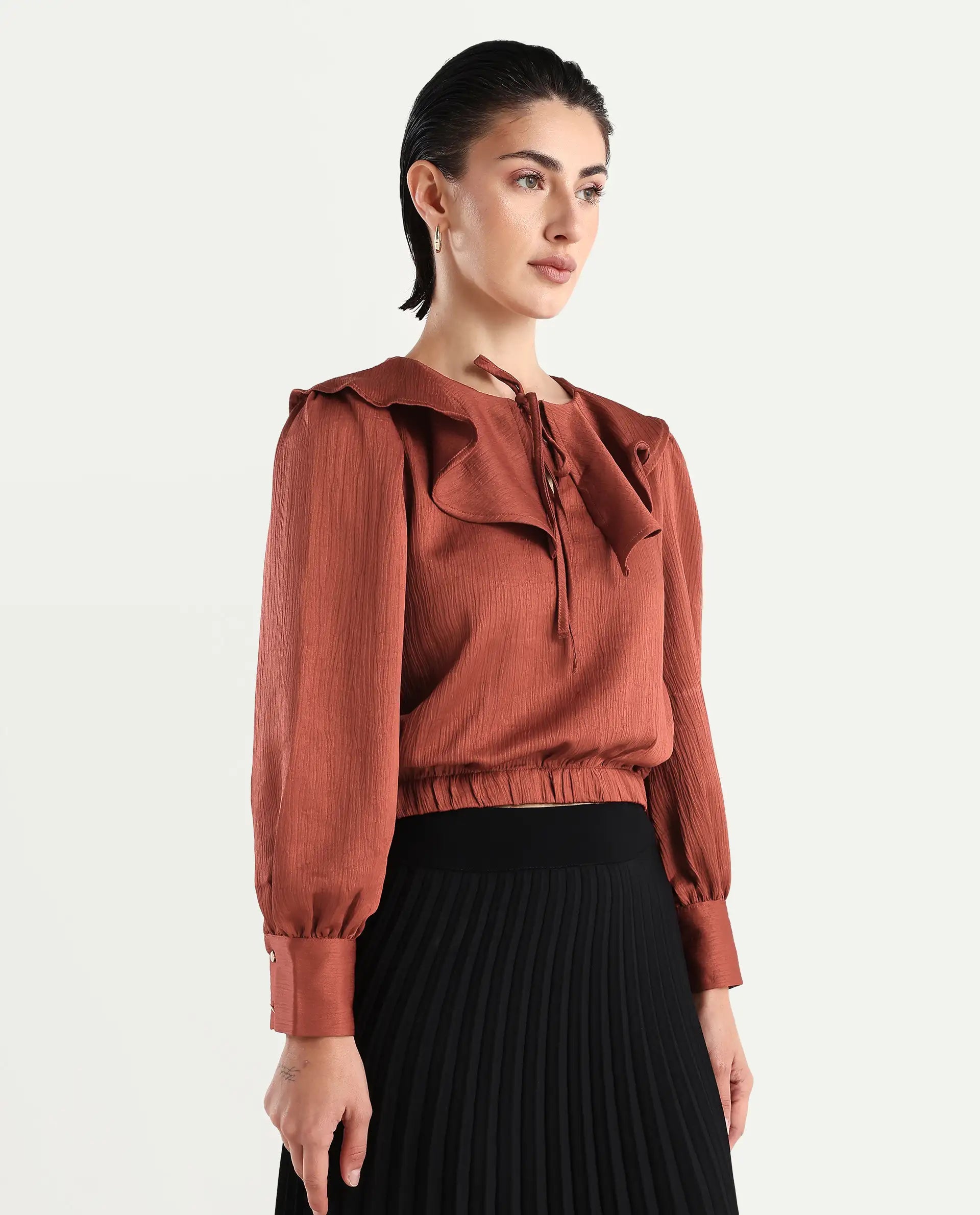 Rareism Women's Karabuk Orange Polyester Tie-Up Neck Plain Cuffed Sleeve Crop Regular Fit Top