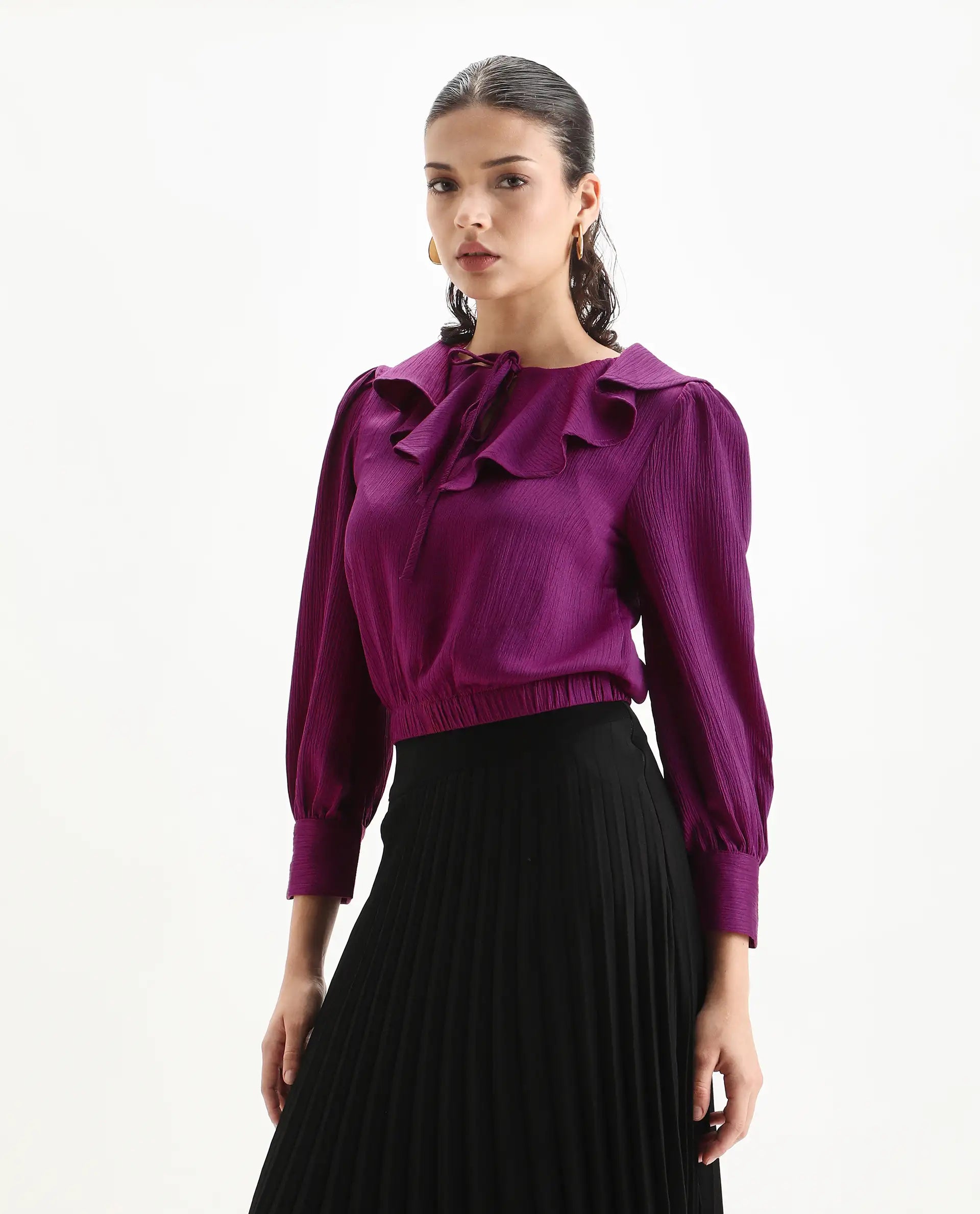 Rareism Women's Karabuk Purple Polyester Tie-Up Neck Plain Cuffed Sleeve Crop Regular Fit Top