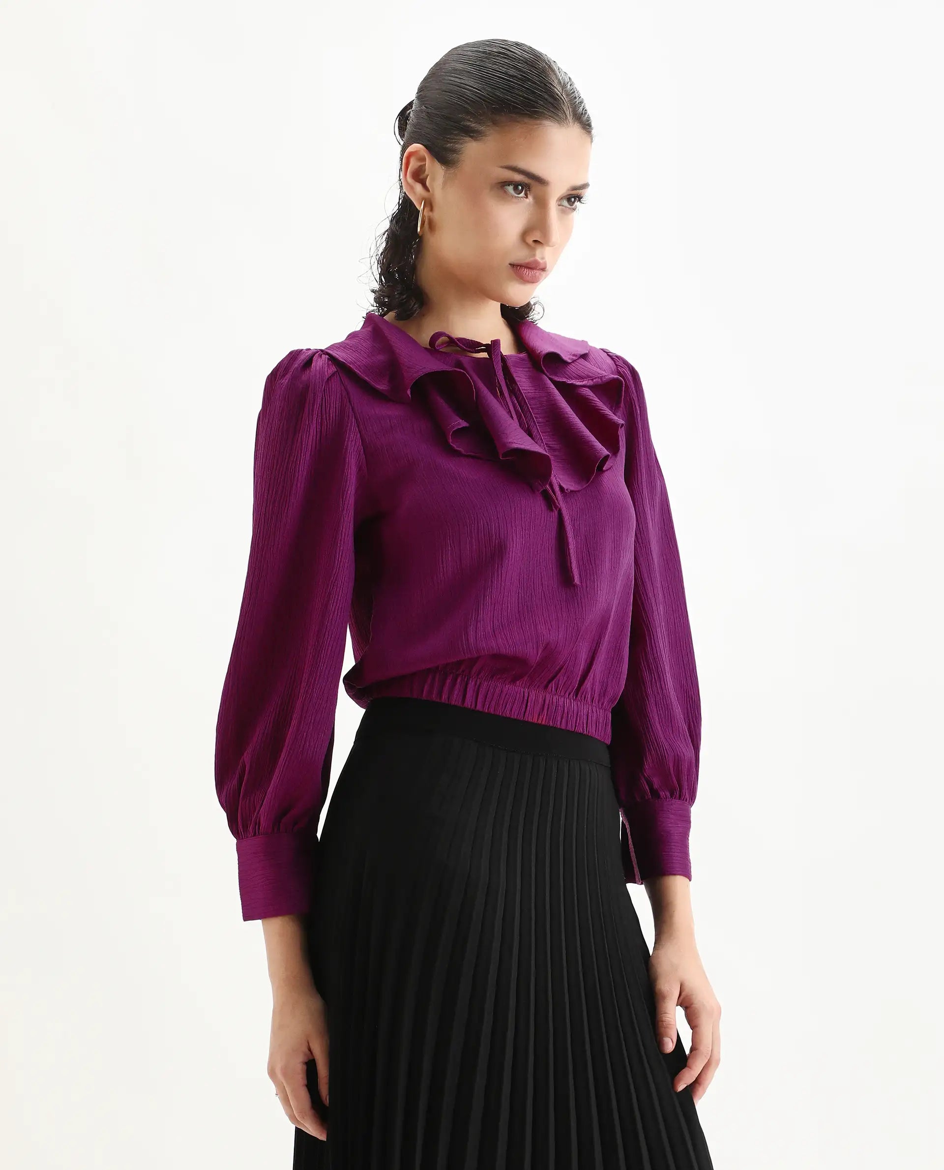 Rareism Women's Karabuk Purple Polyester Tie-Up Neck Plain Cuffed Sleeve Crop Regular Fit Top