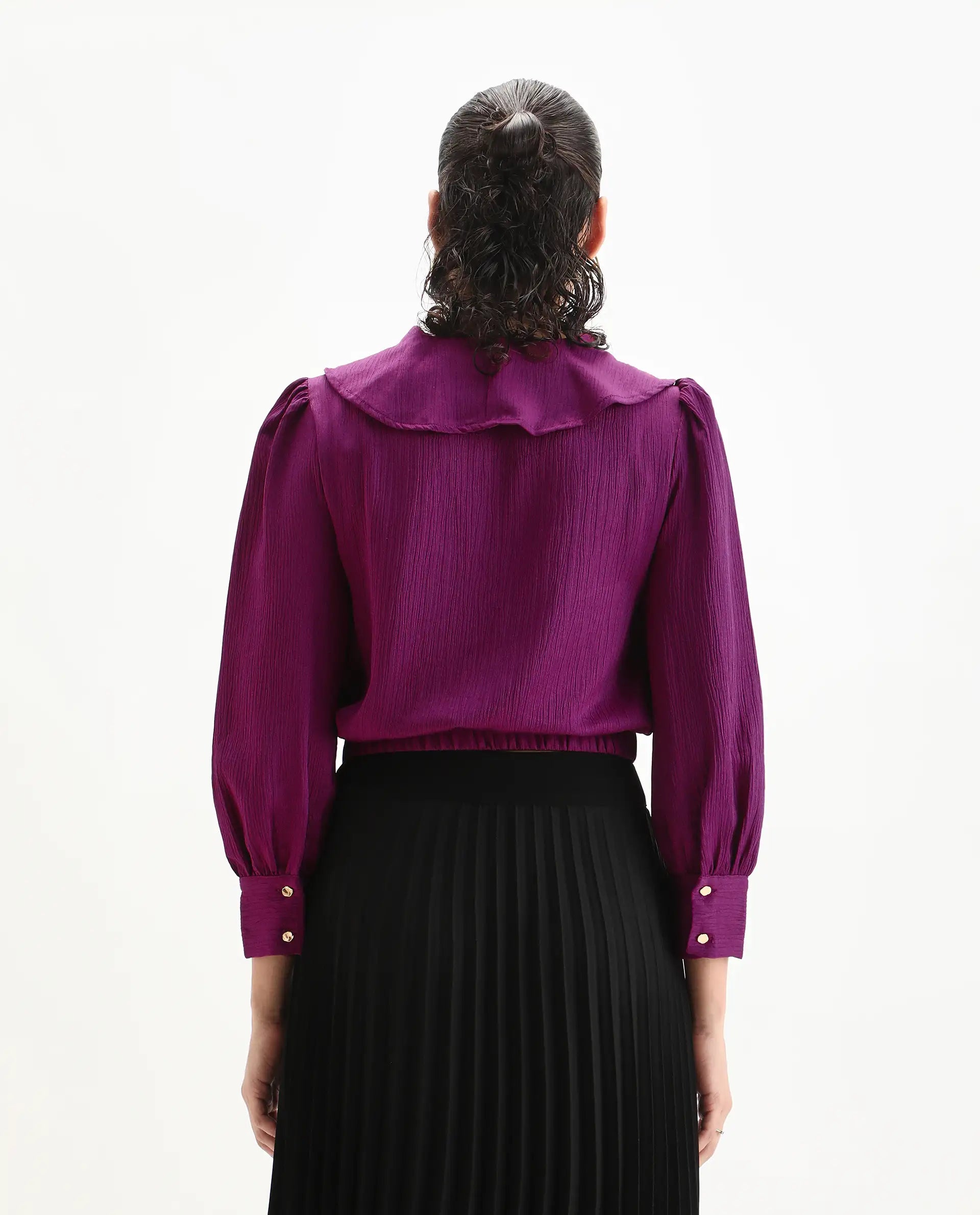 Rareism Women's Karabuk Purple Polyester Tie-Up Neck Plain Cuffed Sleeve Crop Regular Fit Top