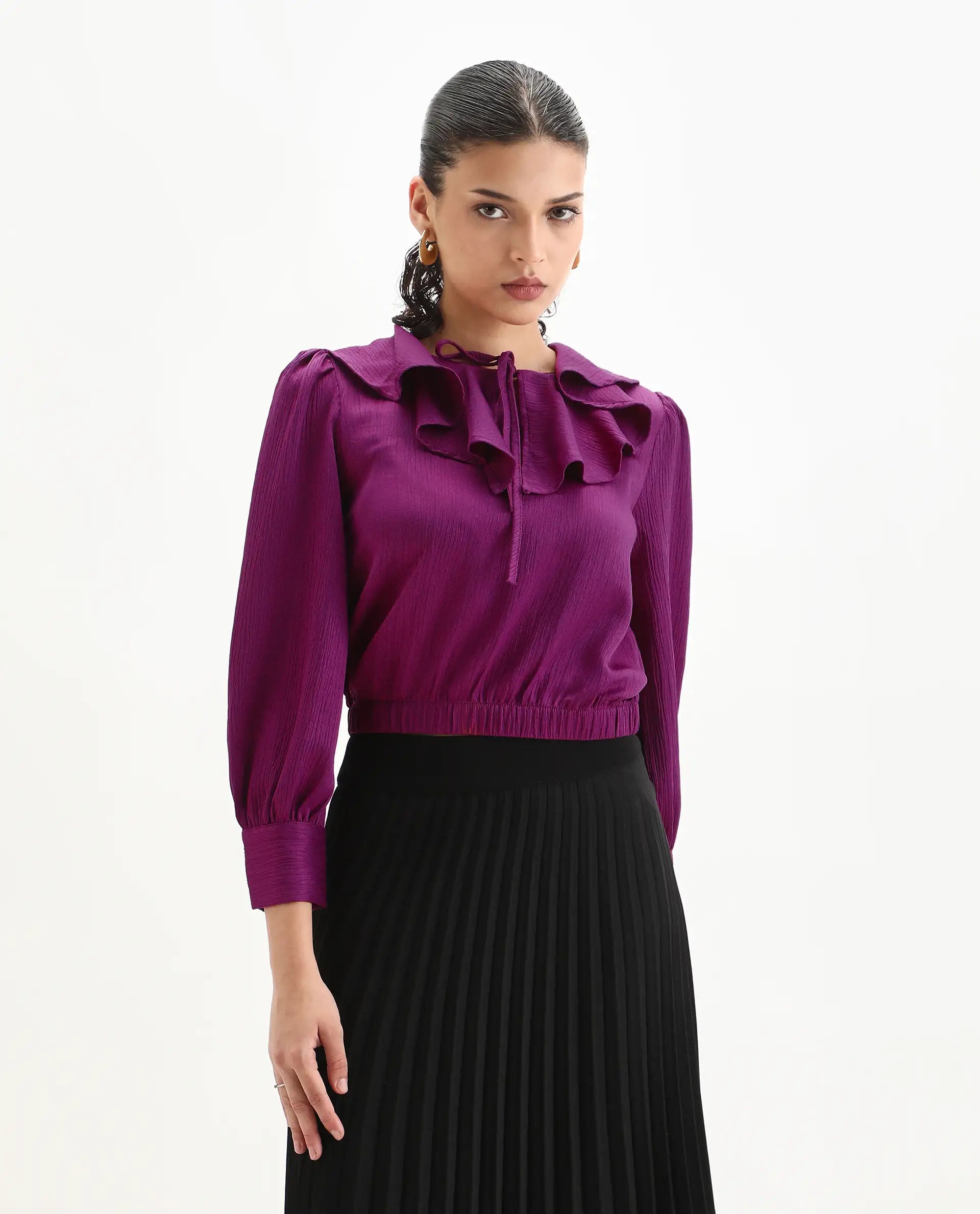 Rareism Women's Karabuk Purple Polyester Tie-Up Neck Plain Cuffed Sleeve Crop Regular Fit Top