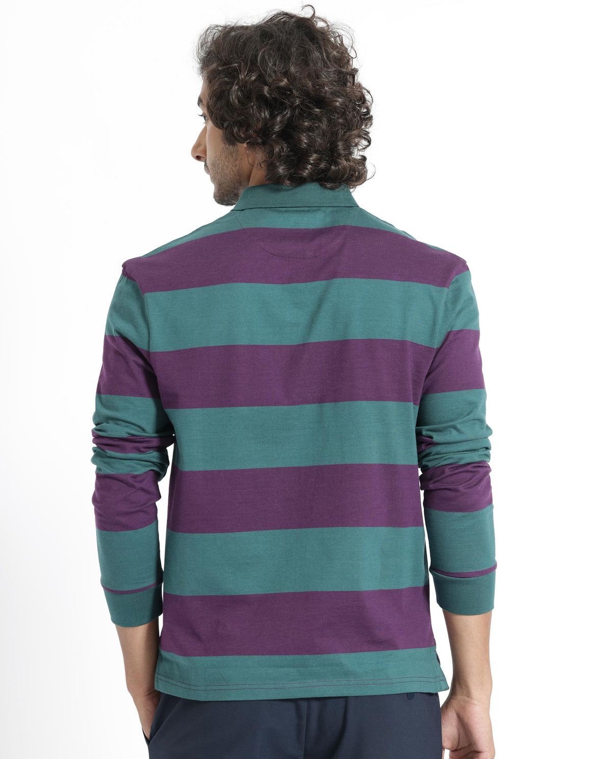 Rare Rabbit Men's Karen Dark Purple Collared Neck Full Sleeves Striped Polo T-Shirt