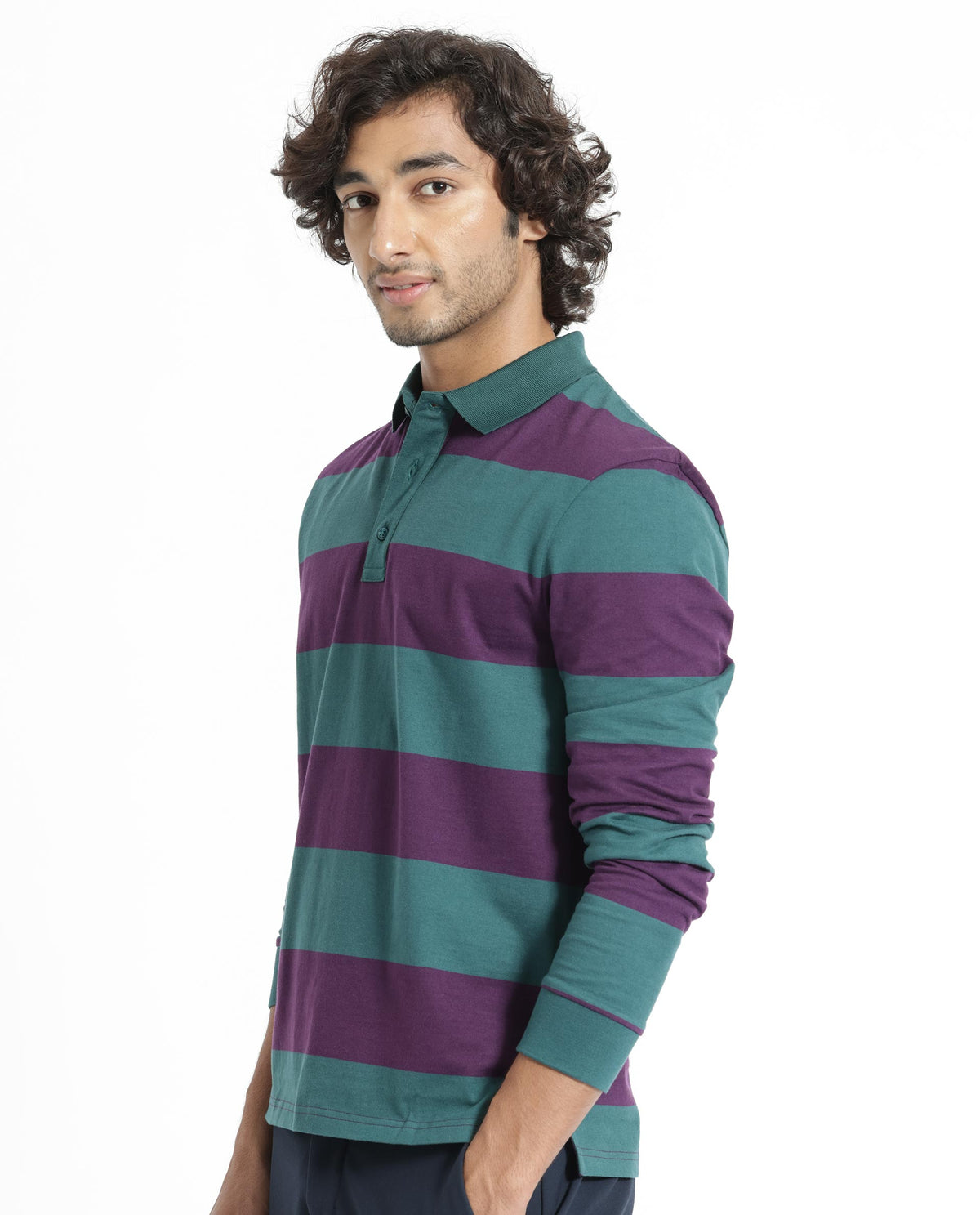 Rare Rabbit Men's Karen Dark Purple Collared Neck Full Sleeves Striped Polo T-Shirt