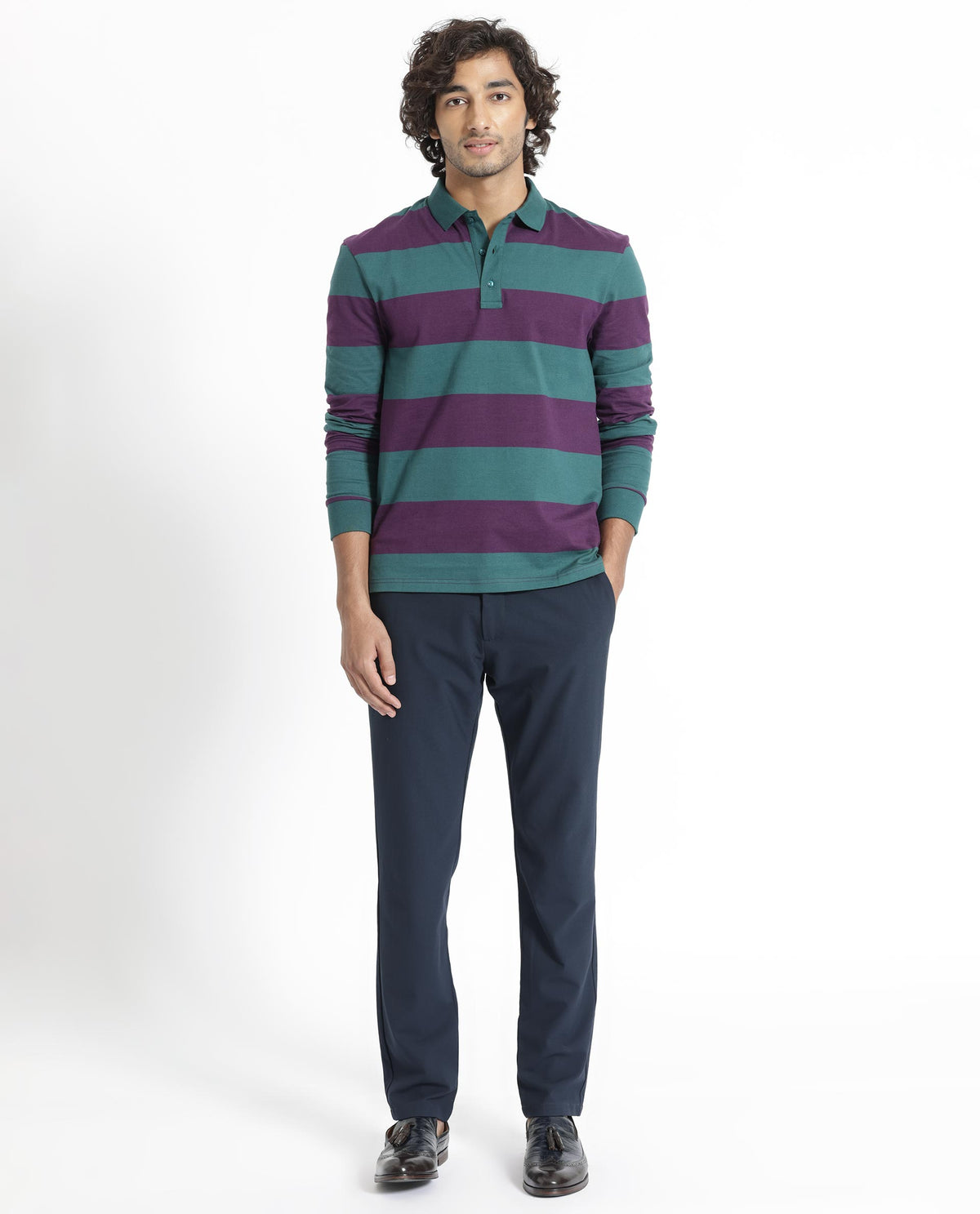 Rare Rabbit Men's Karen Dark Purple Collared Neck Full Sleeves Striped Polo T-Shirt