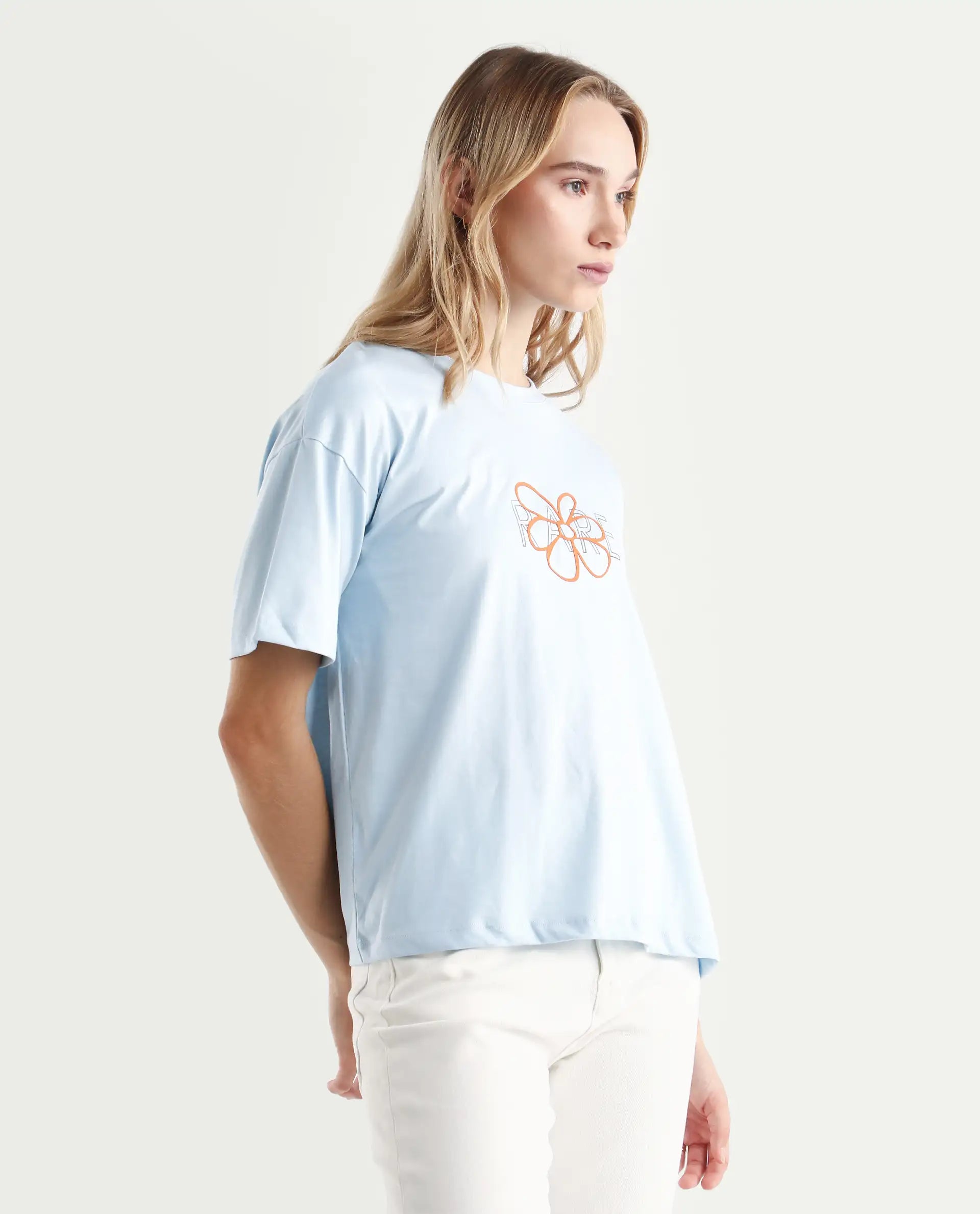 Rareism Women's Karen Light Blue Cotton Blend Crew Neck Graphic Print Boxy Fit T-Shirt