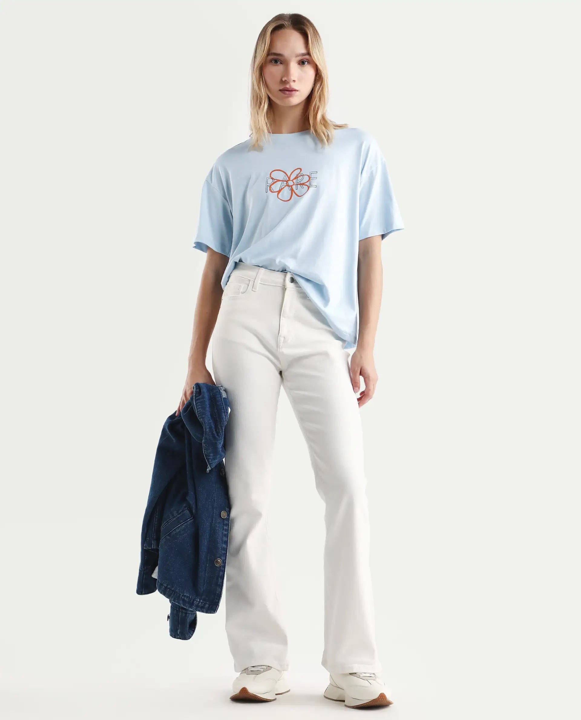 Rareism Women's Karen Light Blue Cotton Blend Crew Neck Graphic Print Boxy Fit T-Shirt