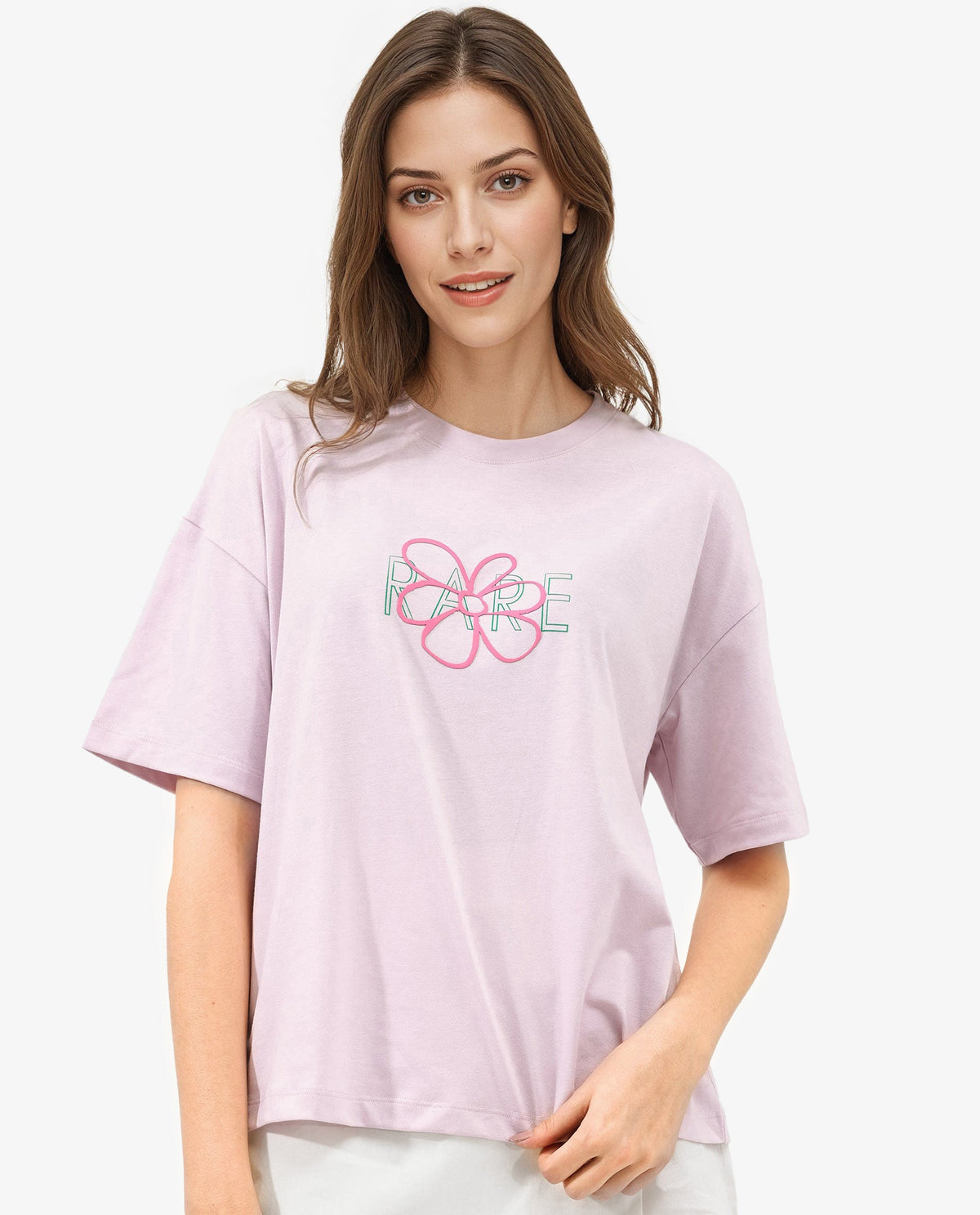 Rareism Women Karen Pastel Pink Cotton Poly Fabric Short Sleeve Crew Neck Solid T-Shirt