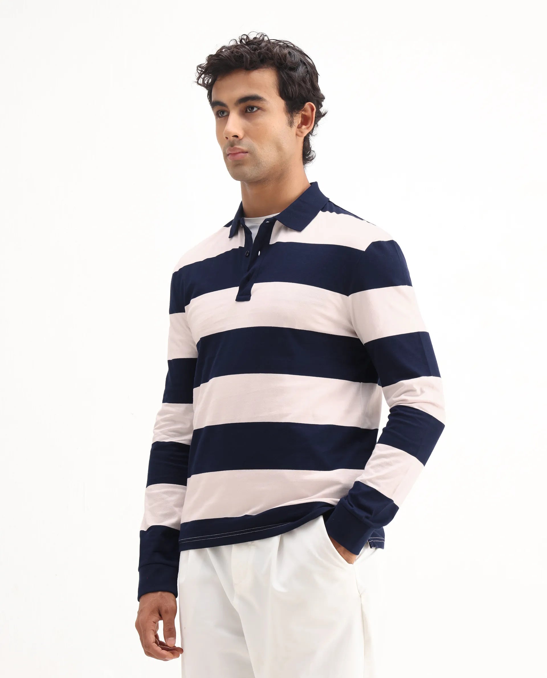 Rare Rabbit Men's Karen Light Pink Cotton Striped Print Regular Fit Full Sleeve Polo