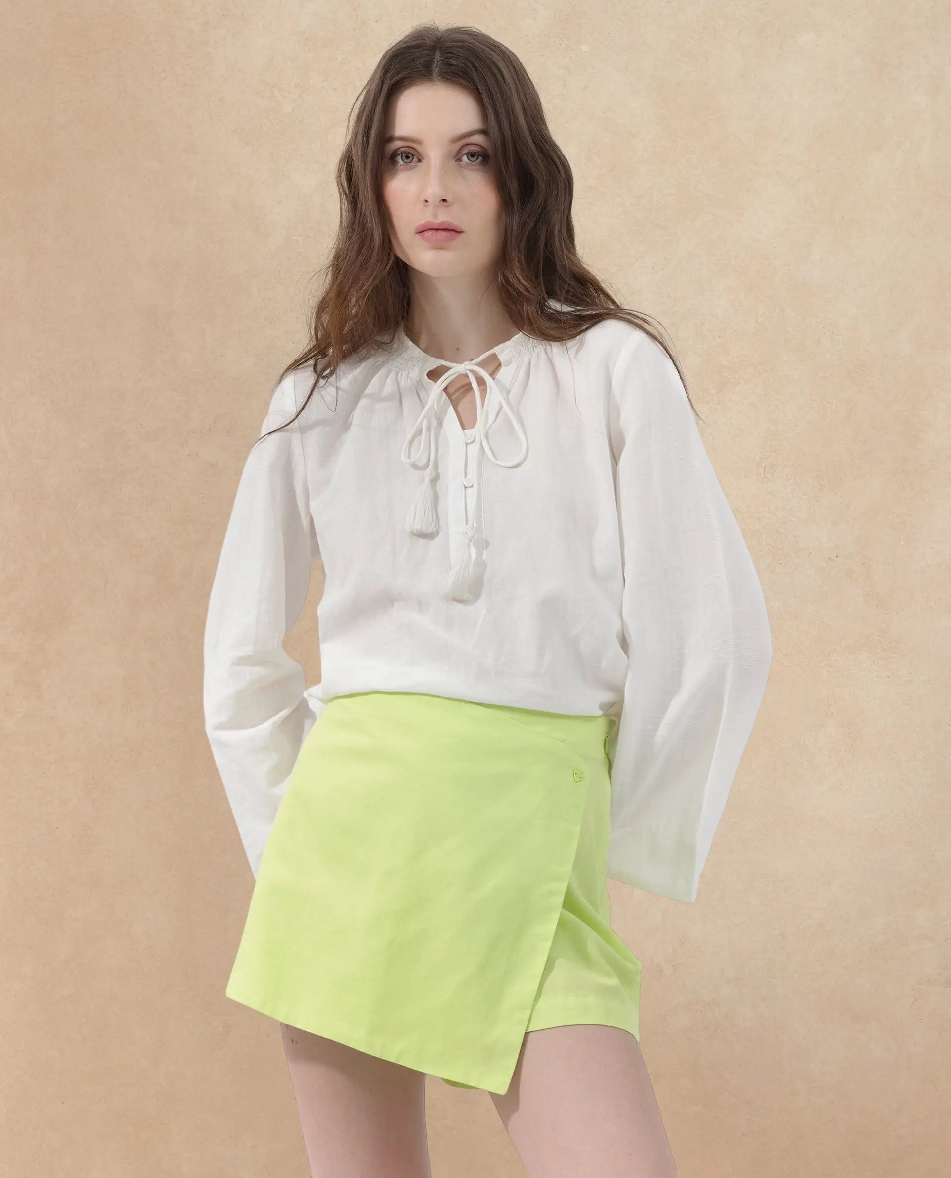 Rareism Women's Karine Flouroscent Green Cotton Plain Mini Regular Fit Skirt