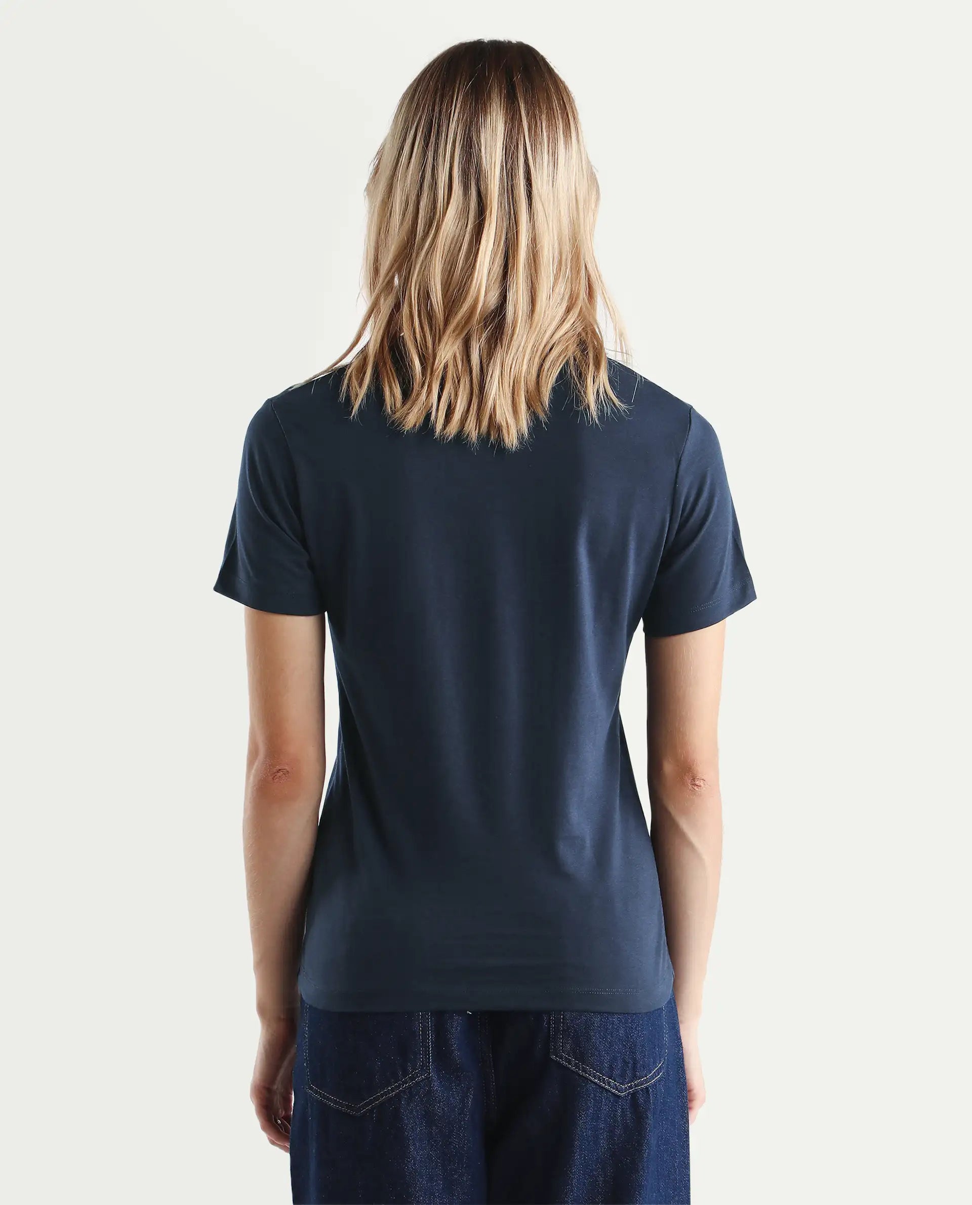 Rareism Women's Karlie Dark Navy Cotton Blend Crew Neck Graphic Print Regular Fit T-Shirt