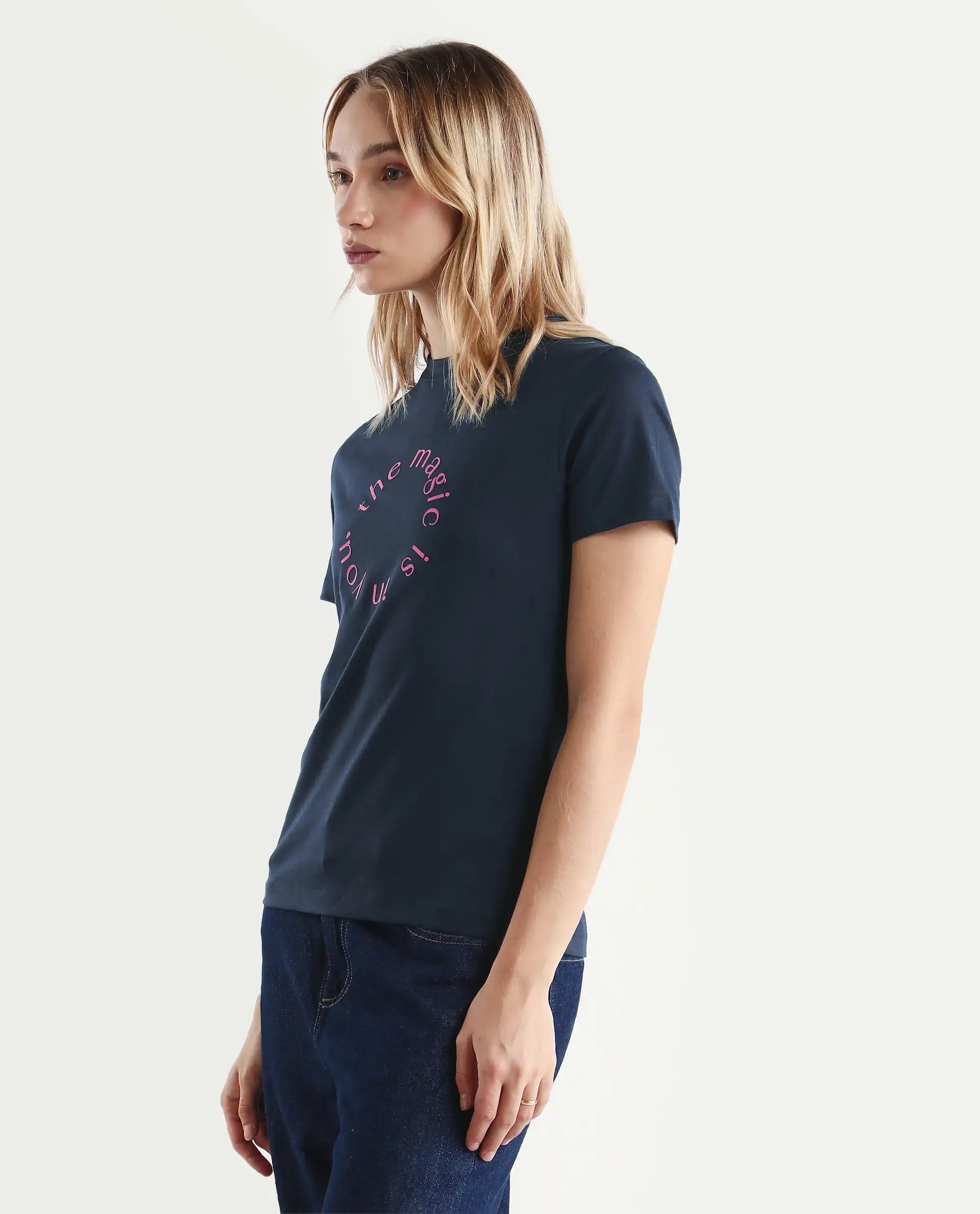 Rareism Women's Karlie Dark Navy Cotton Blend Crew Neck Graphic Print Regular Fit T-Shirt