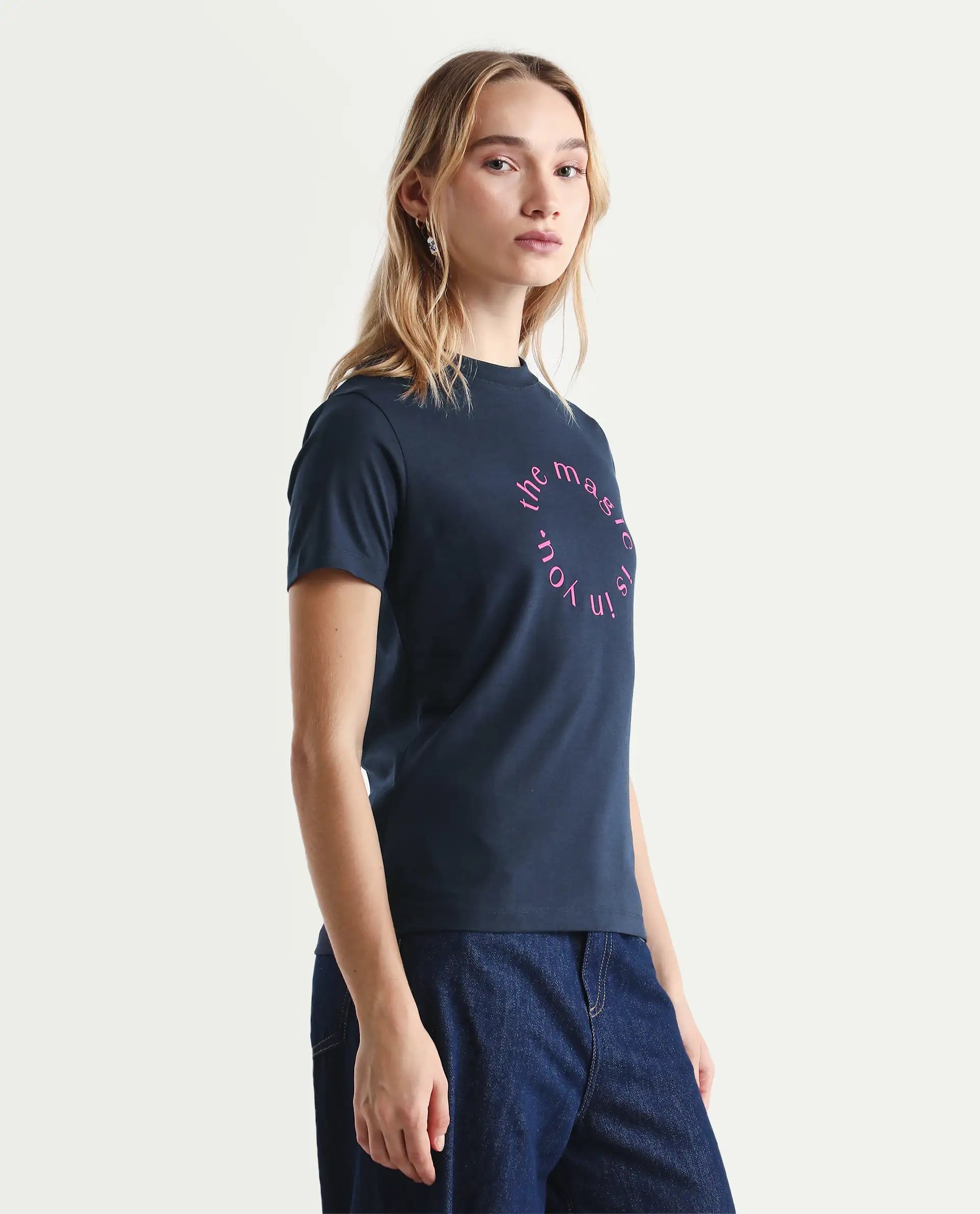 Rareism Women's Karlie Dark Navy Cotton Blend Crew Neck Graphic Print Regular Fit T-Shirt