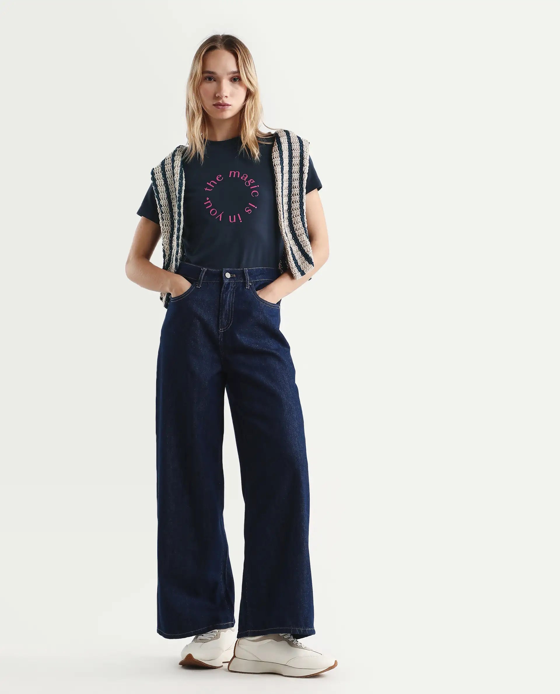 Rareism Women's Karlie Dark Navy Cotton Blend Crew Neck Graphic Print Regular Fit T-Shirt