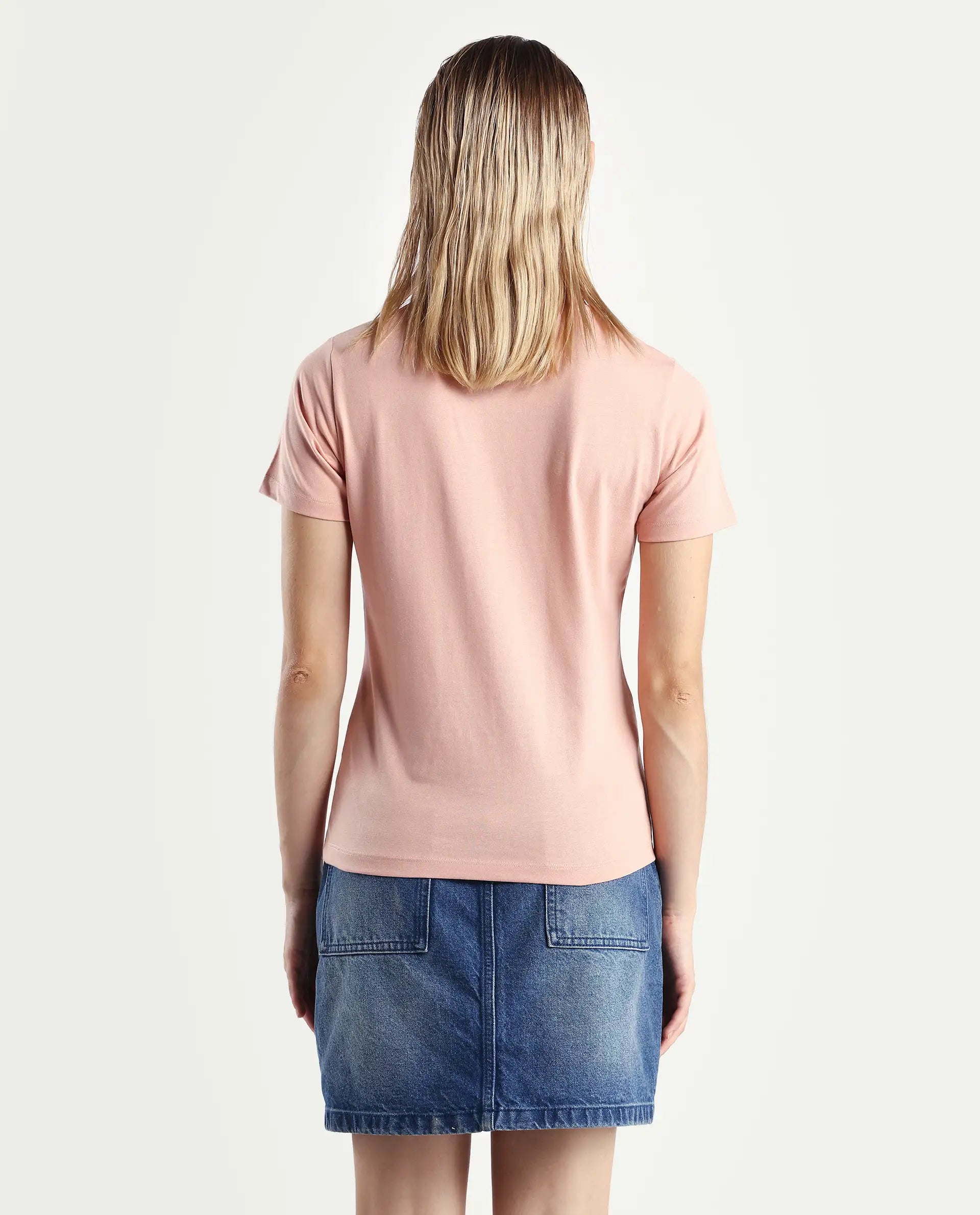 Rareism Women's Karlie Light Peach Cotton Blend Crew Neck Graphic Print Regular Fit T-Shirt