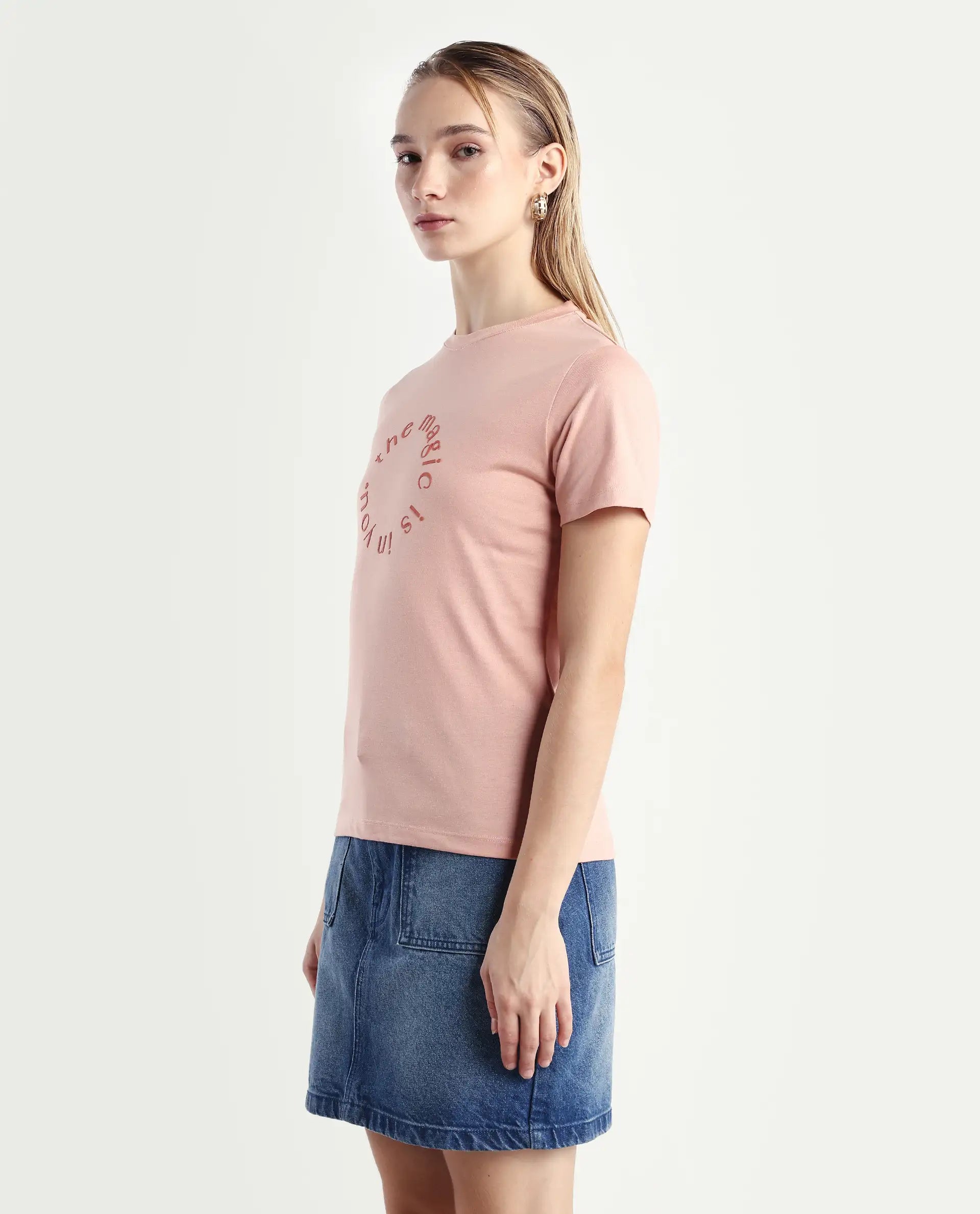 Rareism Women's Karlie Light Peach Cotton Blend Crew Neck Graphic Print Regular Fit T-Shirt