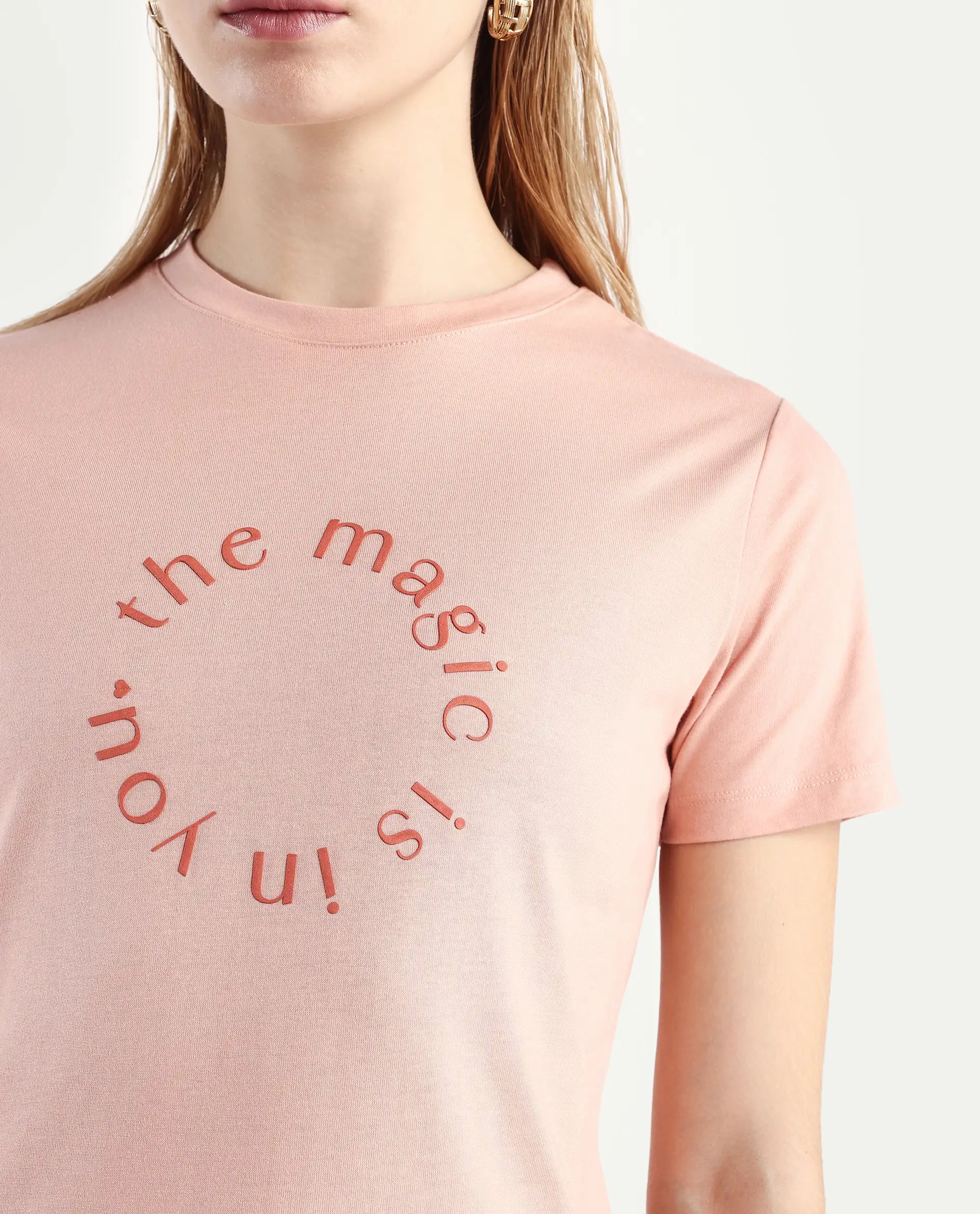 Rareism Women's Karlie Light Peach Cotton Blend Crew Neck Graphic Print Regular Fit T-Shirt