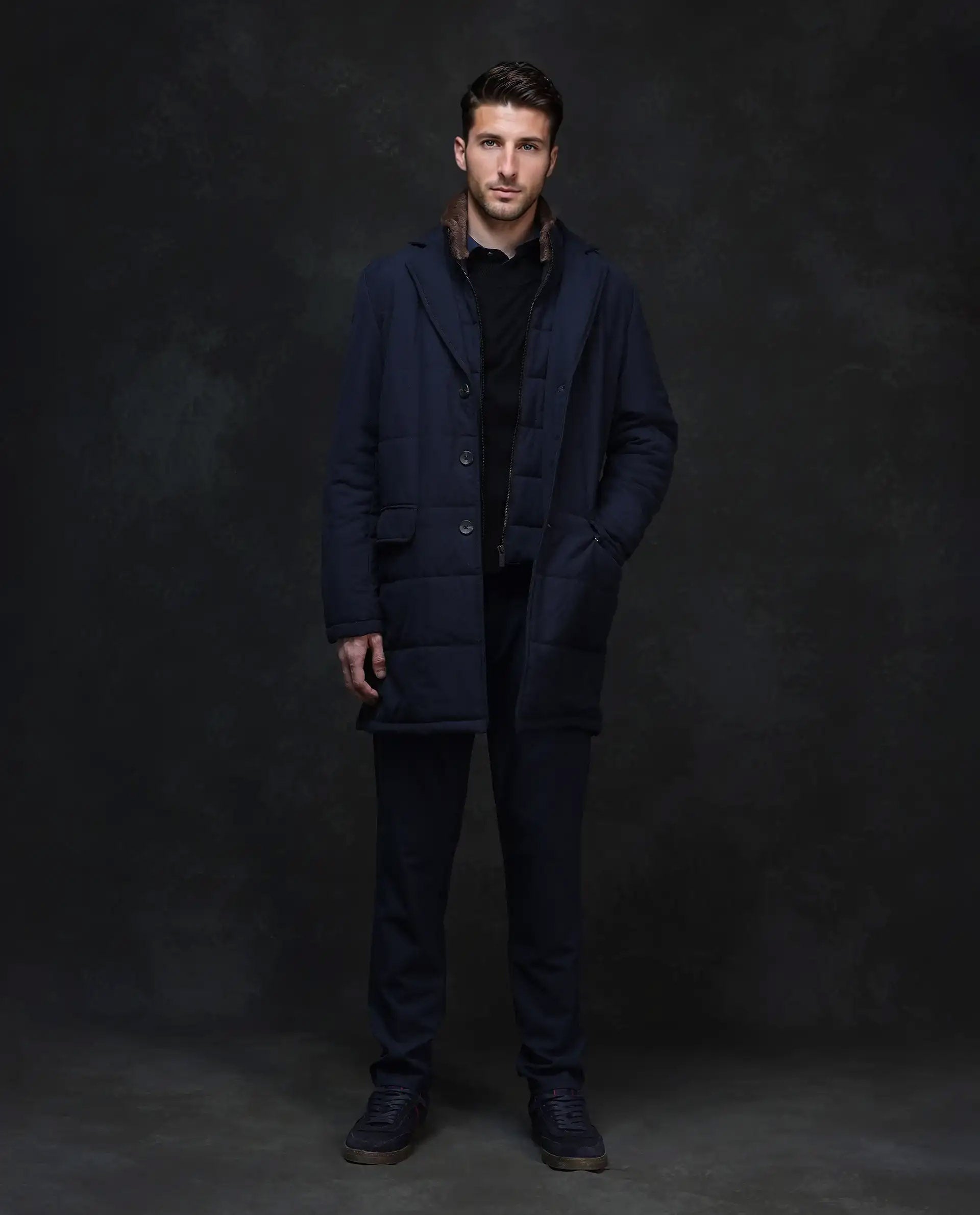 Rare Rabbit Men's Karlo Navy Polyester Plain Regular Fit Full Sleeve High Neck Jacket