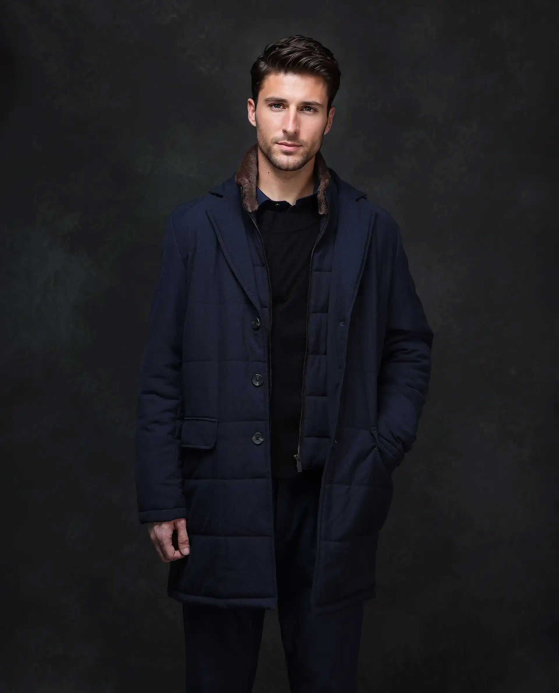 Rare Rabbit Men's Karlo Navy Polyester Plain Regular Fit Full Sleeve High Neck Jacket