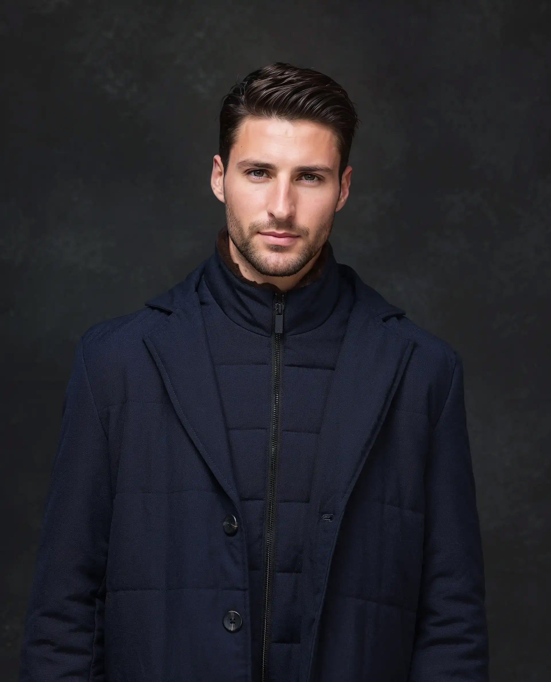 Rare Rabbit Men's Karlo Navy Polyester Plain Regular Fit Full Sleeve High Neck Jacket