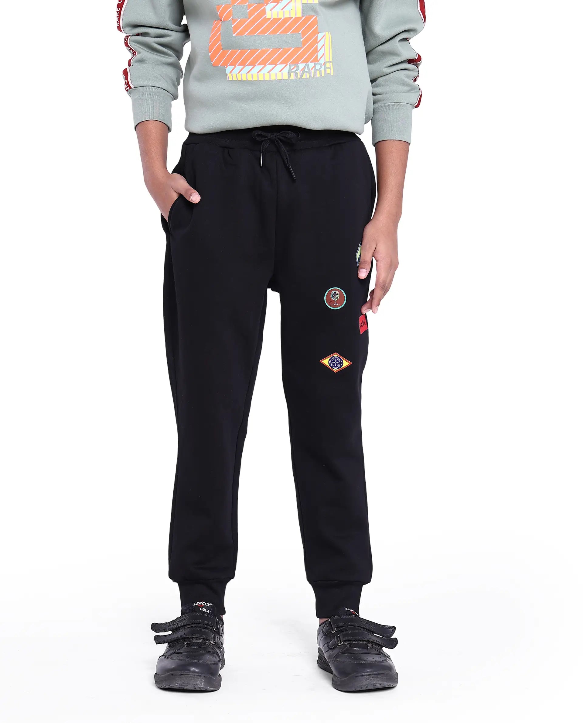 Rare Ones Kids Karo Black Cotton Poly Drawstring Applique Trackpant