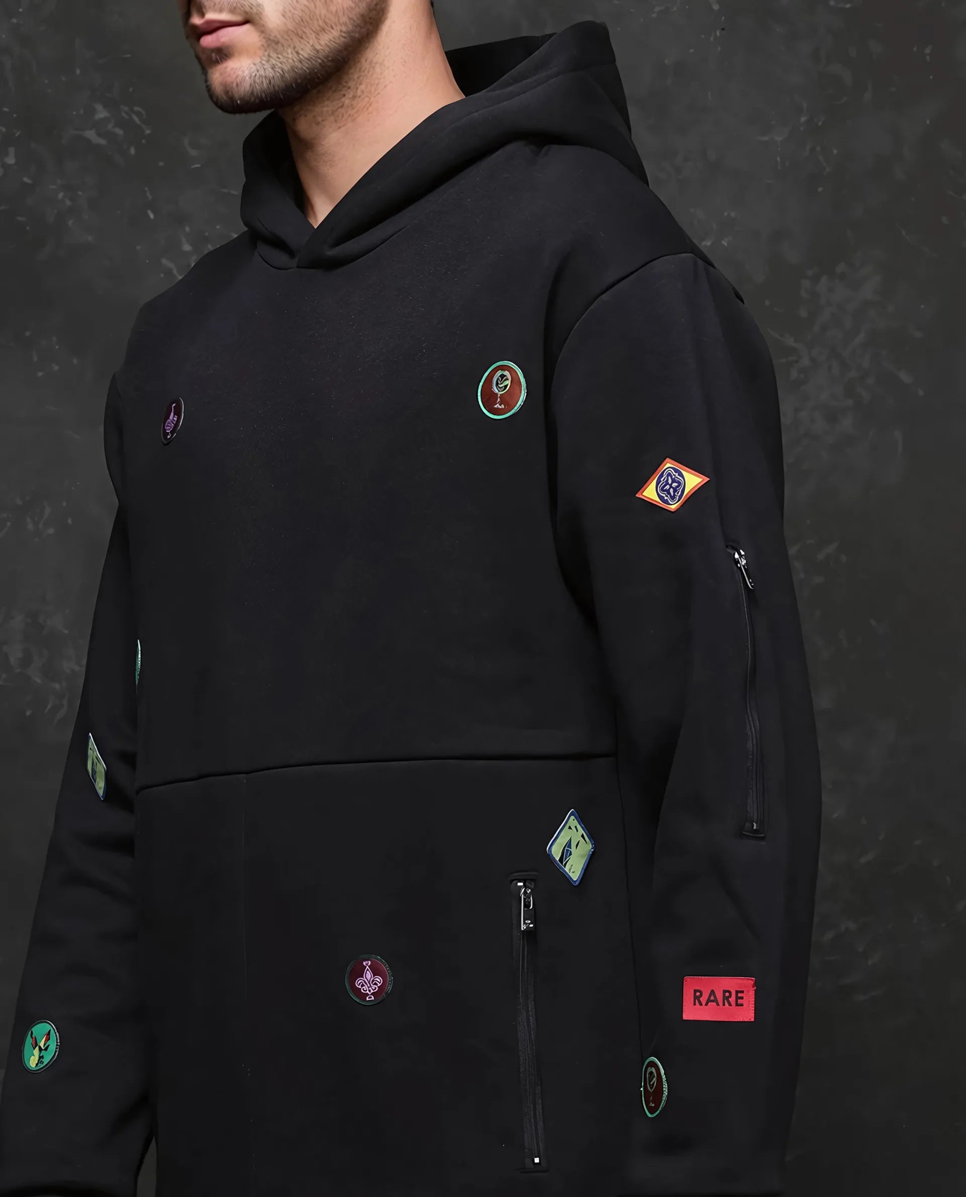 Rare Rabbit Men Karon Black Cotton Poly Fabric Full Sleeve Hooded Label Detail Sweatshirt