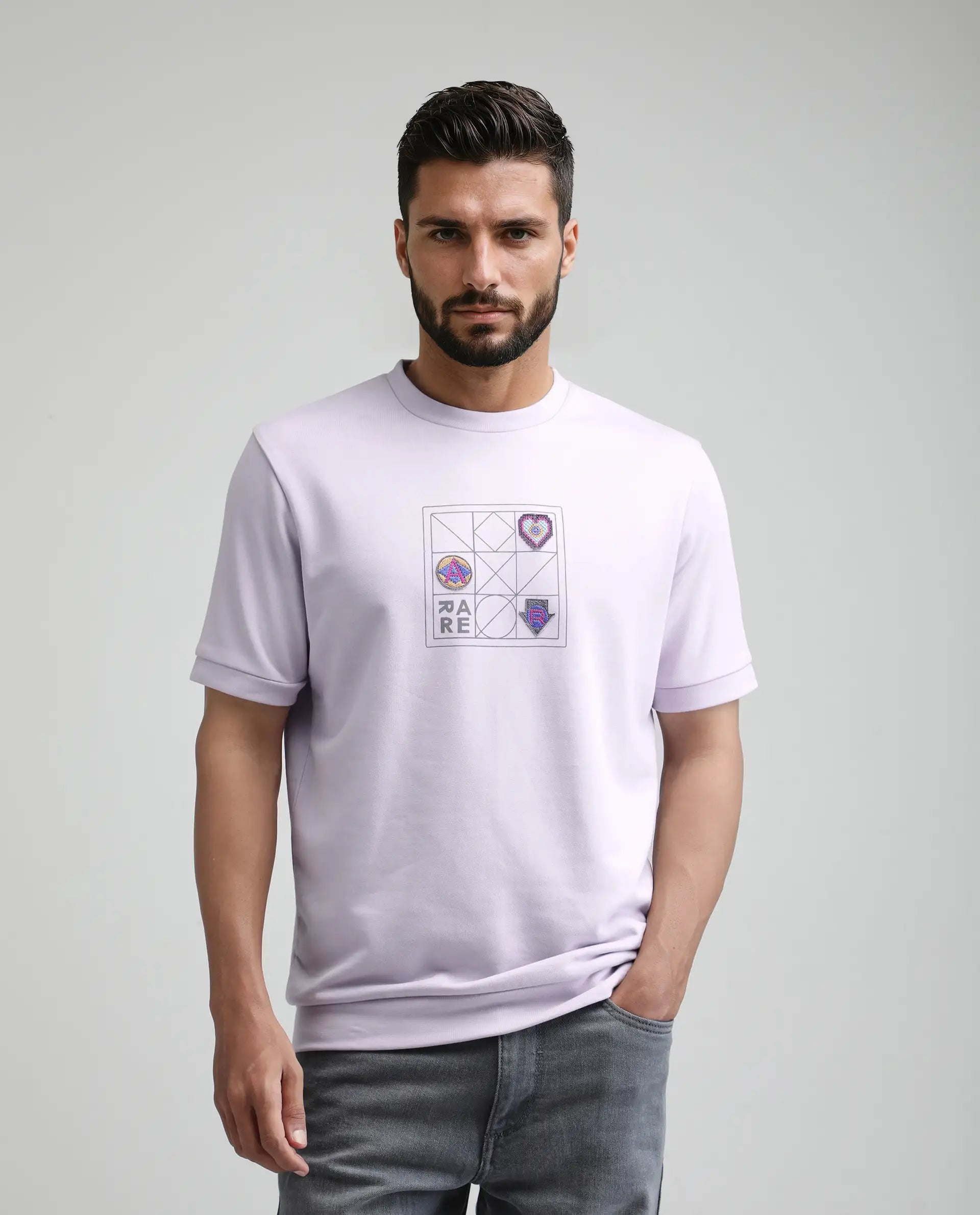 Rare Rabbit Men's Kart Light Purple Cotton Blend Graphic Print Relaxed Fit Half Sleeve Crew Neck T-Shirt
