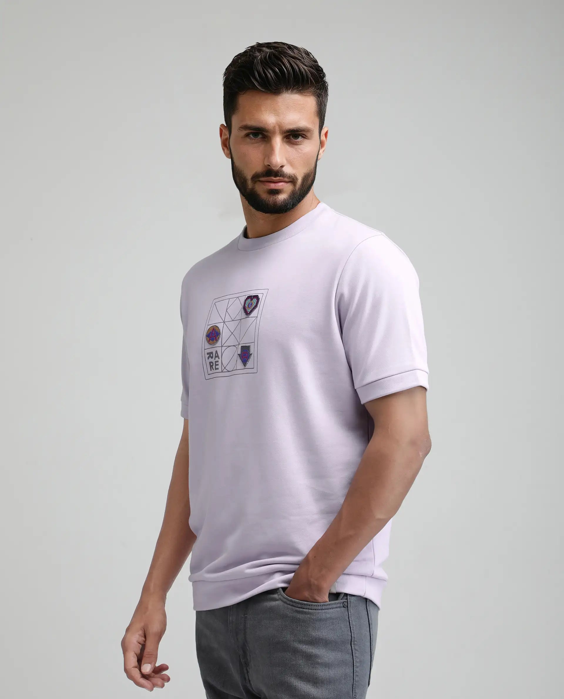 Rare Rabbit Men's Kart Light Purple Cotton Blend Graphic Print Relaxed Fit Half Sleeve Crew Neck T-Shirt