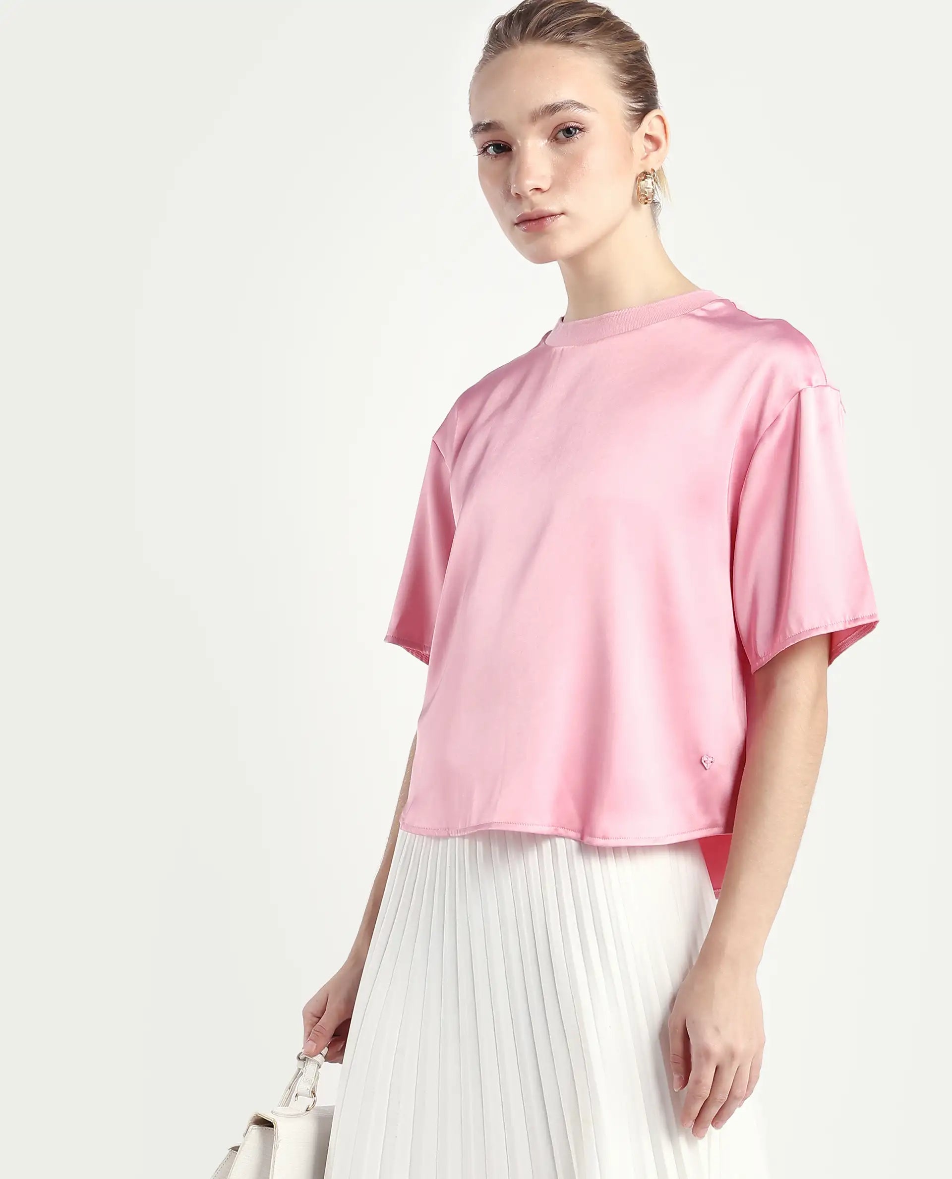 Rareism Women's Karuno Light Pink Satin Blend Ribbed Collar Plain Boxy Fit Top