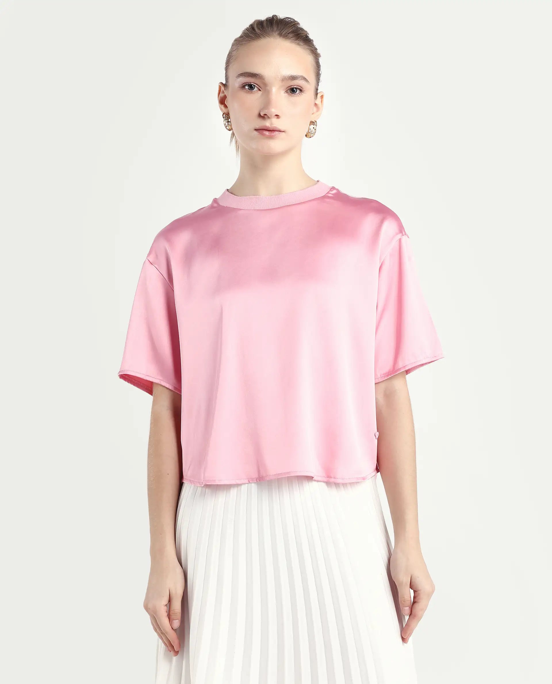 Rareism Women's Karuno Light Pink Satin Blend Ribbed Collar Plain Boxy Fit Top