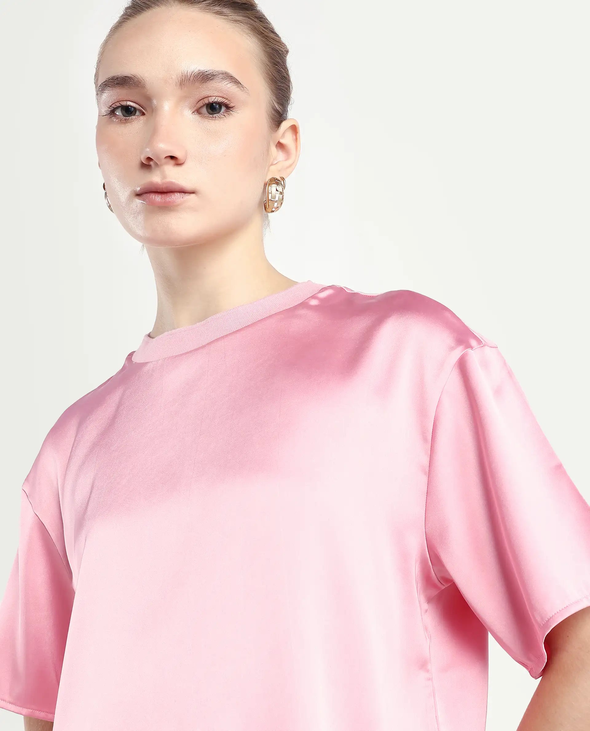 Rareism Women's Karuno Light Pink Satin Blend Ribbed Collar Plain Boxy Fit Top