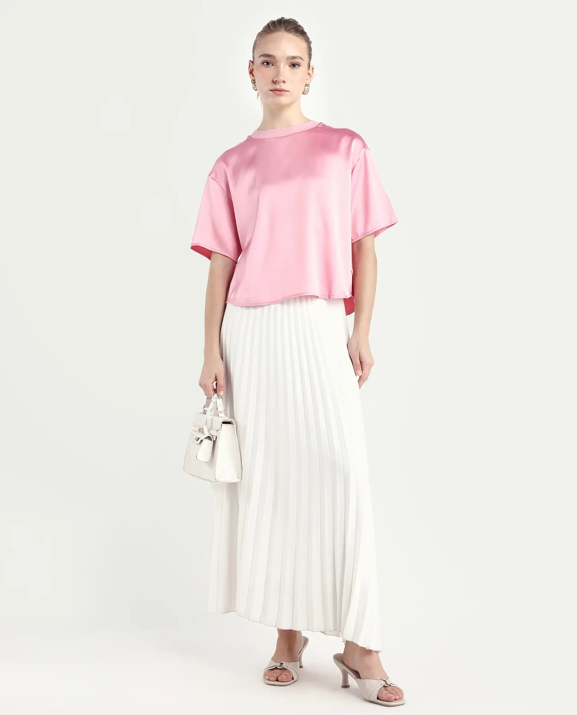 Rareism Women's Karuno Light Pink Satin Blend Ribbed Collar Plain Boxy Fit Top