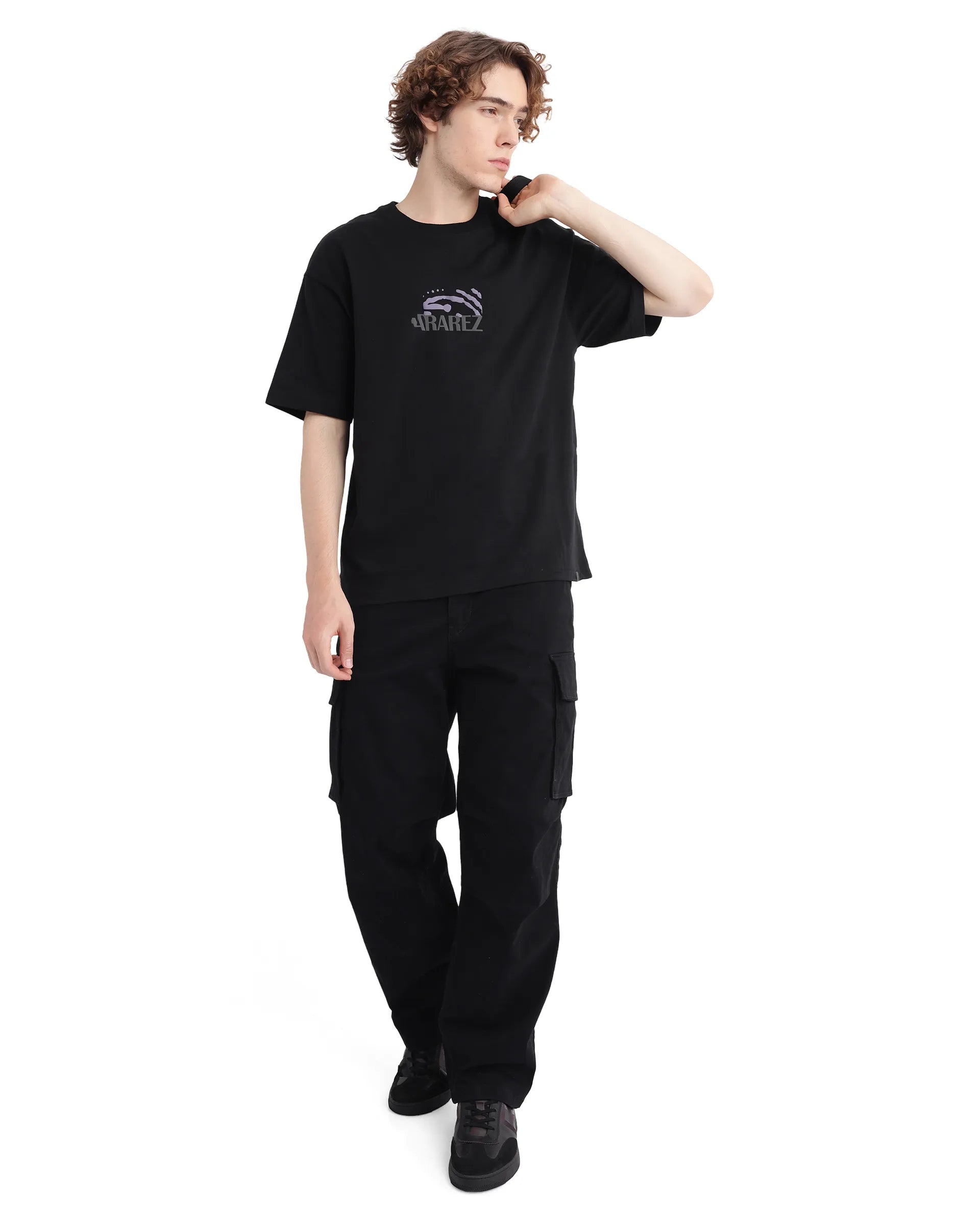 Rare Rabbit Men Karwo Black Cotton Fabric Short Sleeve Crew Neck Oversized Fit Graphic Print T-Shirt