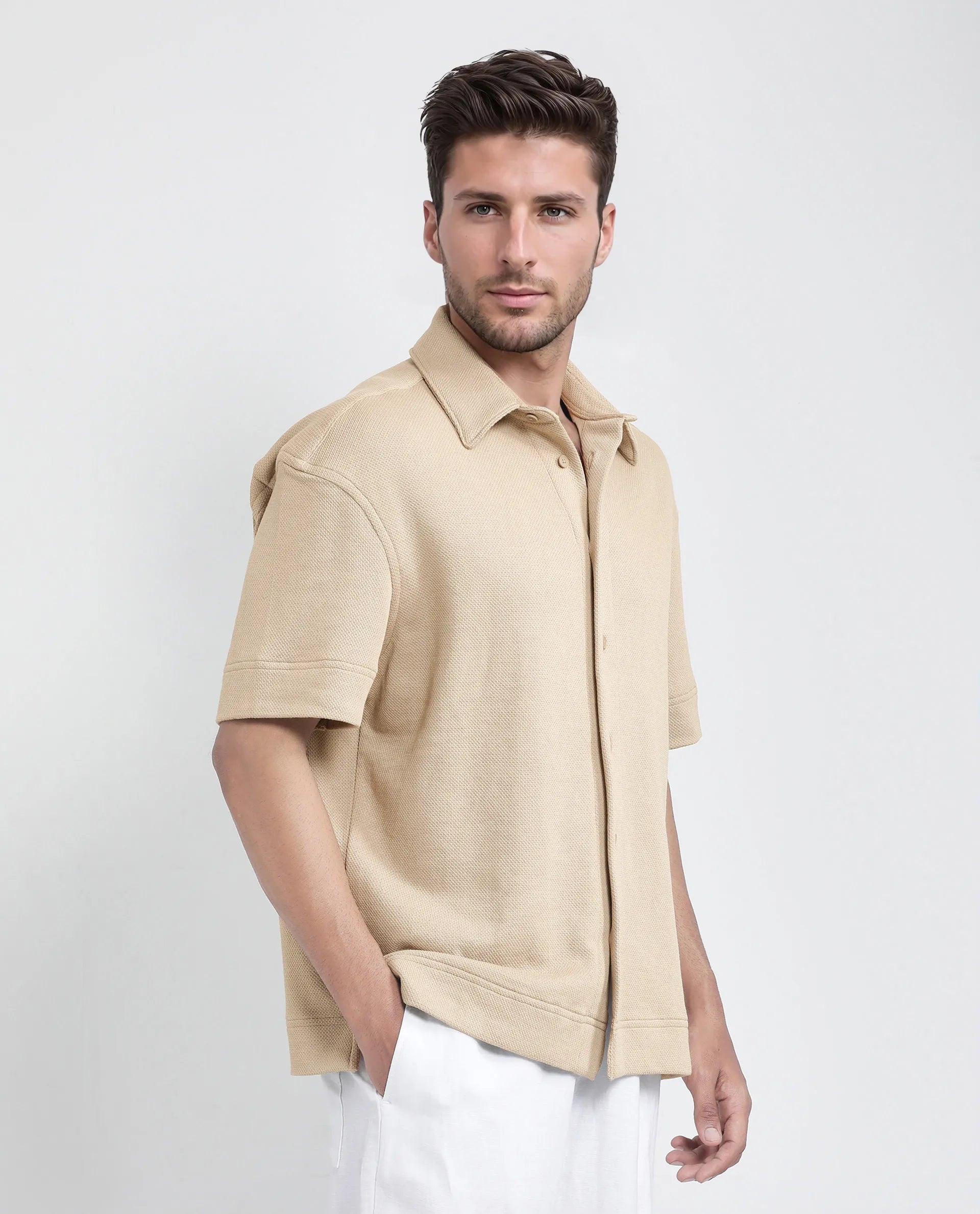 Rare Rabbit Men Kash Beige Viscose Fabric Half Sleeve Collared Neck Button Closure Oversized Fit Plain Shirt