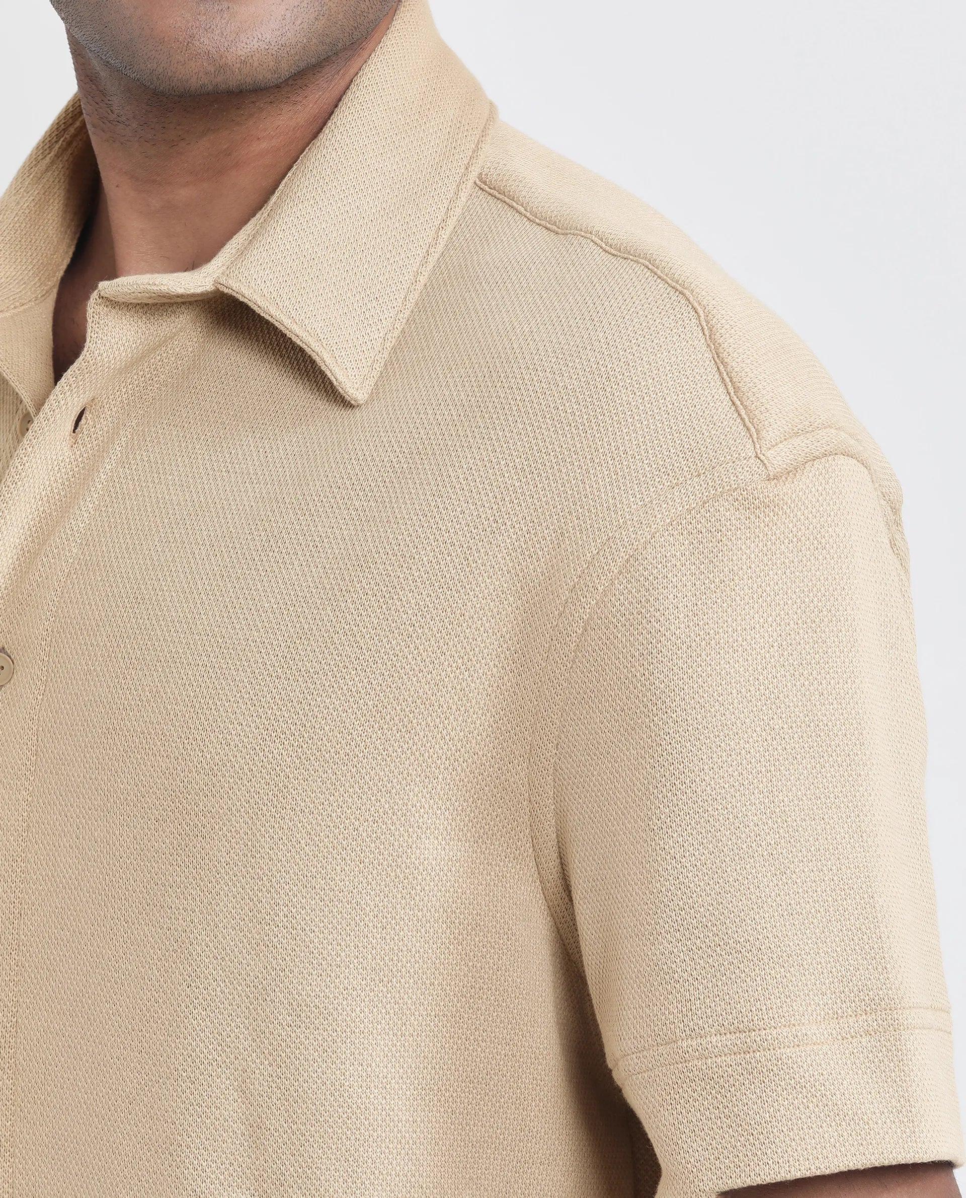 Rare Rabbit Men Kash Beige Viscose Fabric Half Sleeve Collared Neck Button Closure Oversized Fit Plain Shirt
