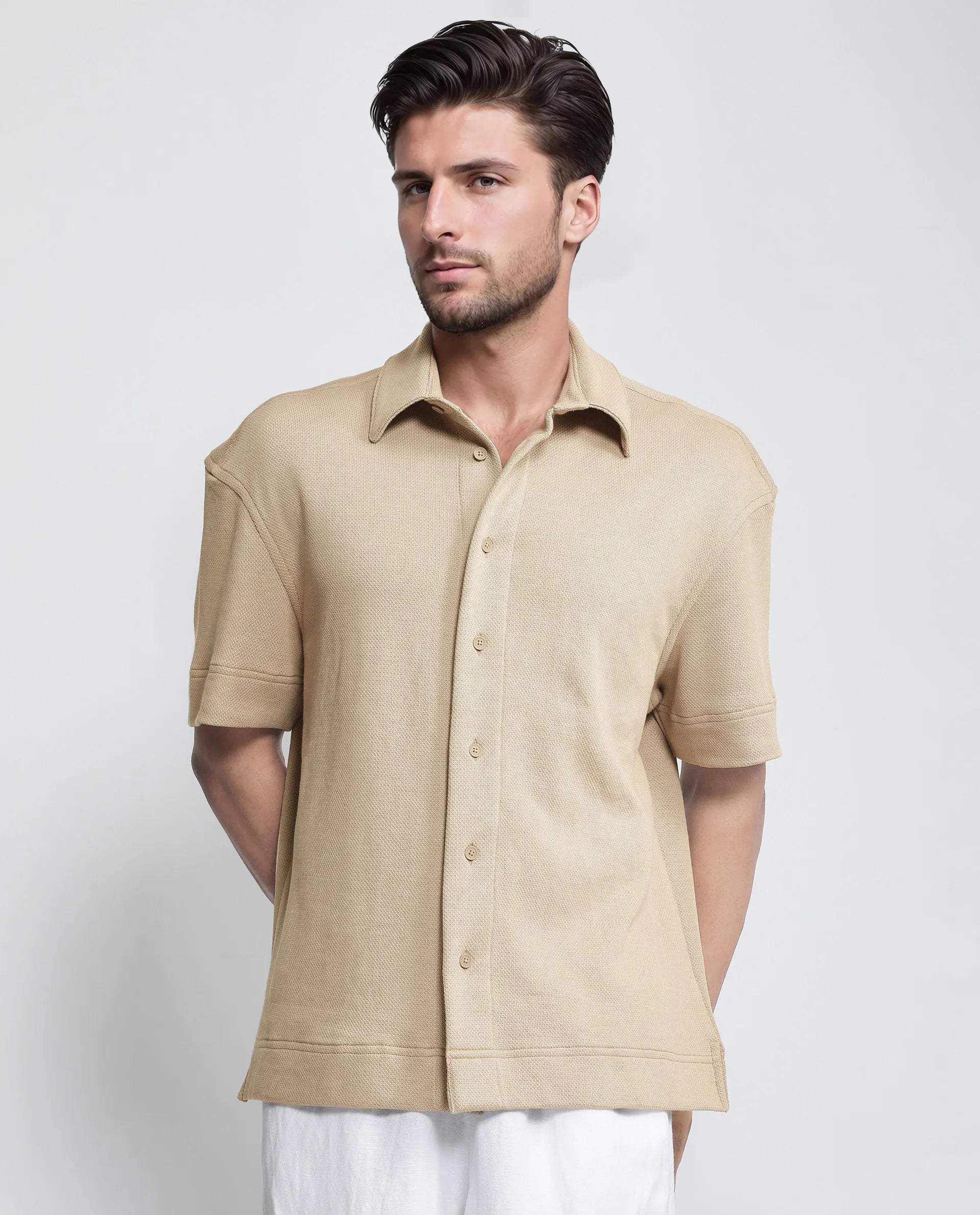Rare Rabbit Men Kash Beige Viscose Fabric Half Sleeve Collared Neck Button Closure Oversized Fit Plain Shirt